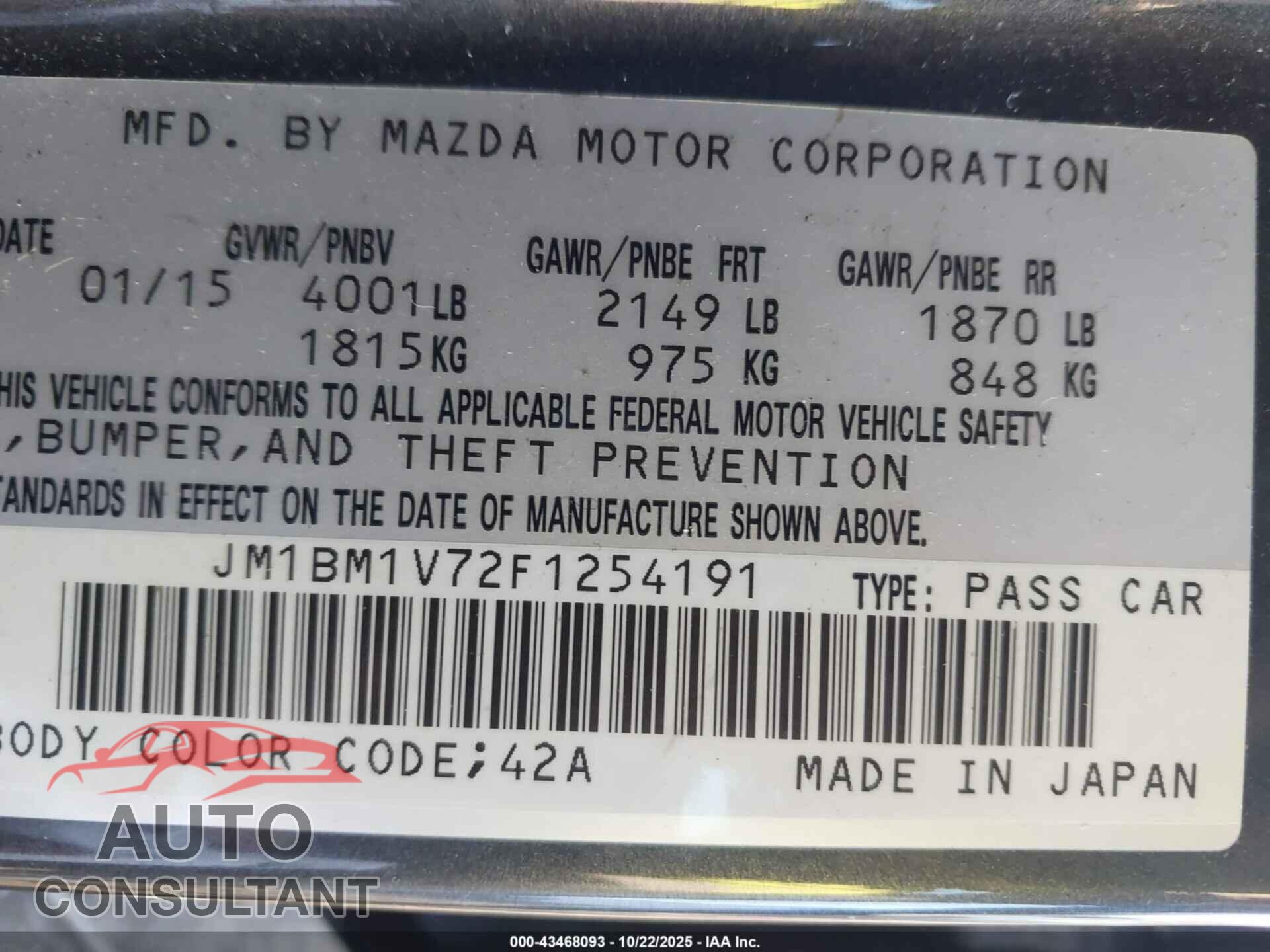 MAZDA MAZDA3 2015 - JM1BM1V72F1254191