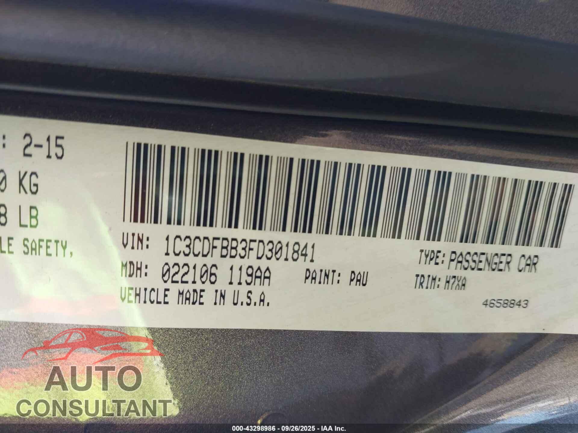 DODGE DART 2015 - 1C3CDFBB3FD301841