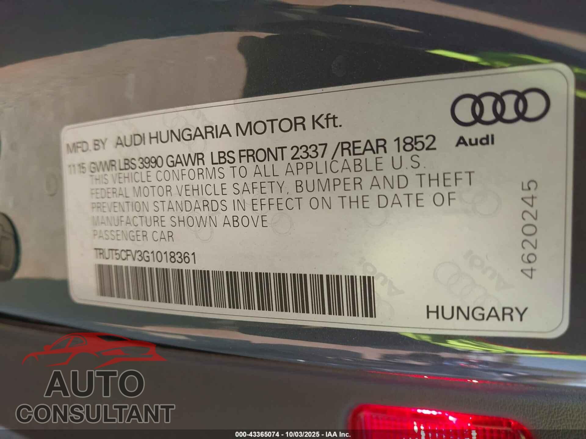 AUDI TT 2016 - TRUT5CFV3G1018361