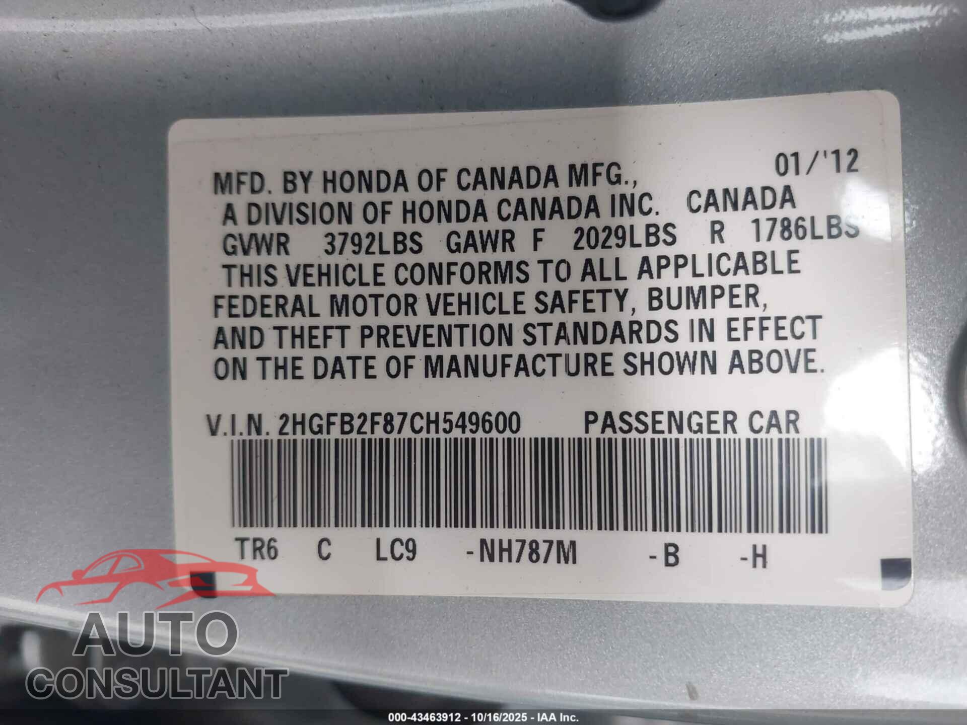 HONDA CIVIC 2012 - 2HGFB2F87CH549600