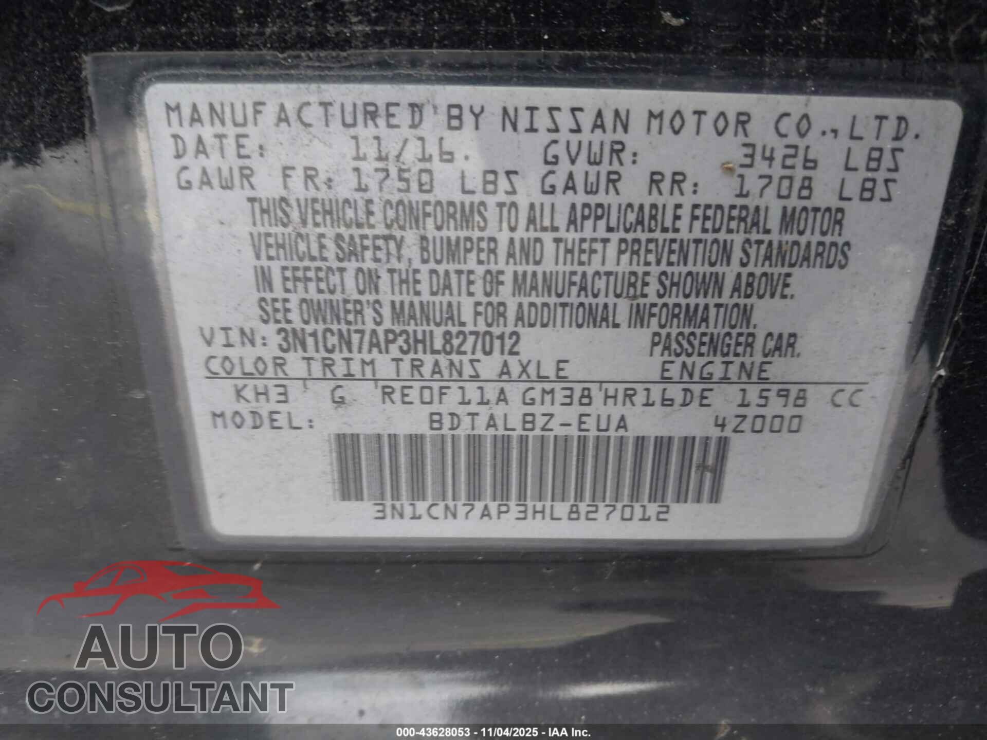 NISSAN VERSA 2017 - 3N1CN7AP3HL827012