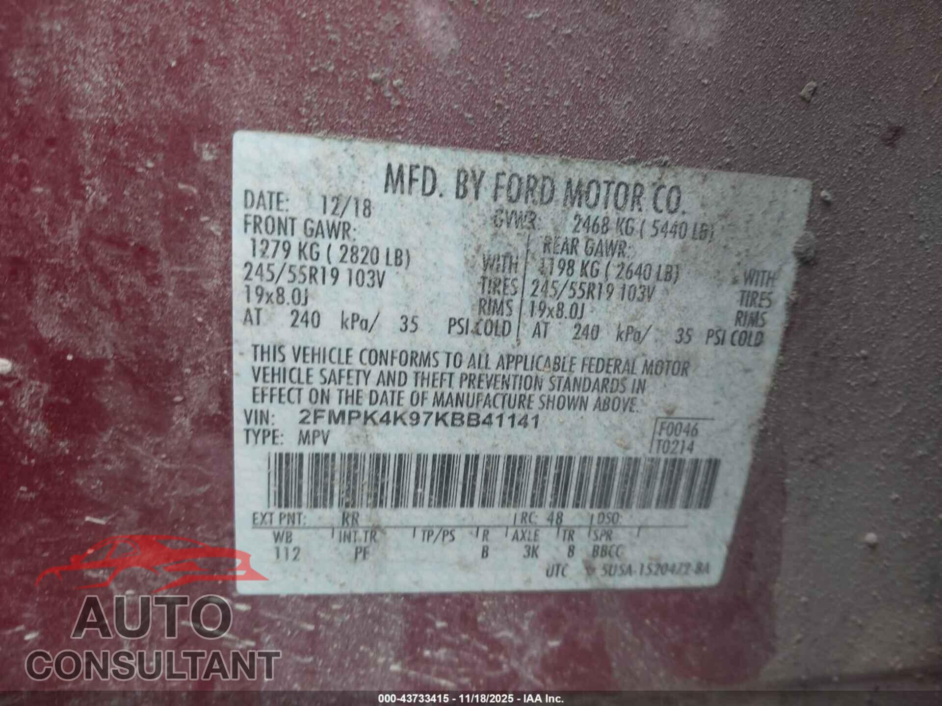 FORD EDGE 2019 - 2FMPK4K97KBB41141