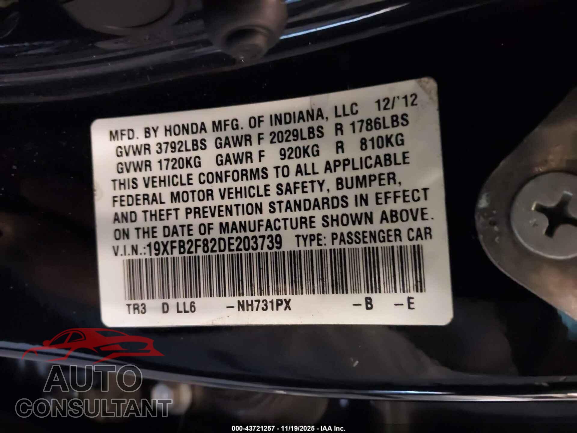 HONDA CIVIC 2013 - 19XFB2F82DE203739