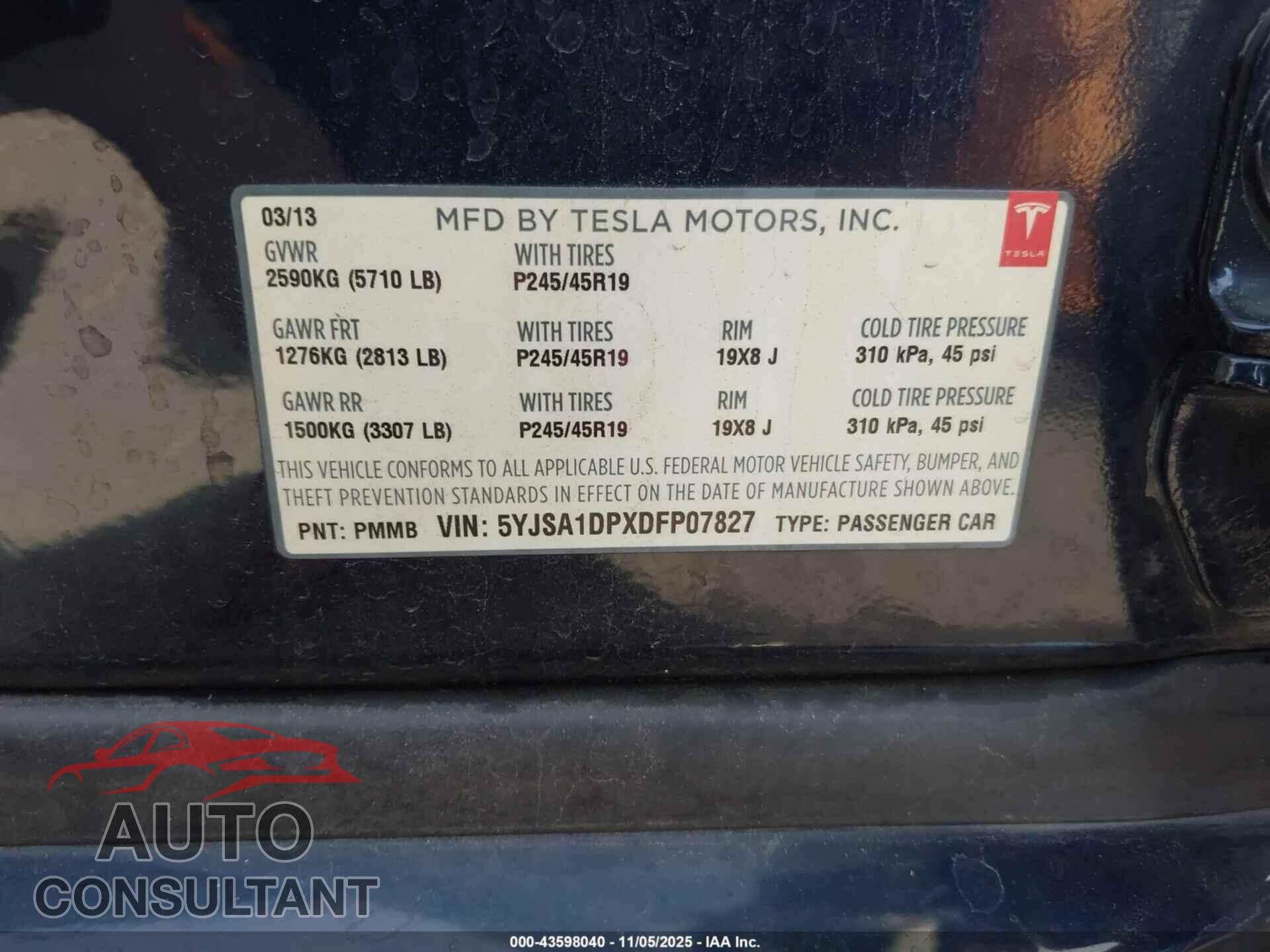 TESLA MODEL S 2013 - 5YJSA1DPXDFP07827