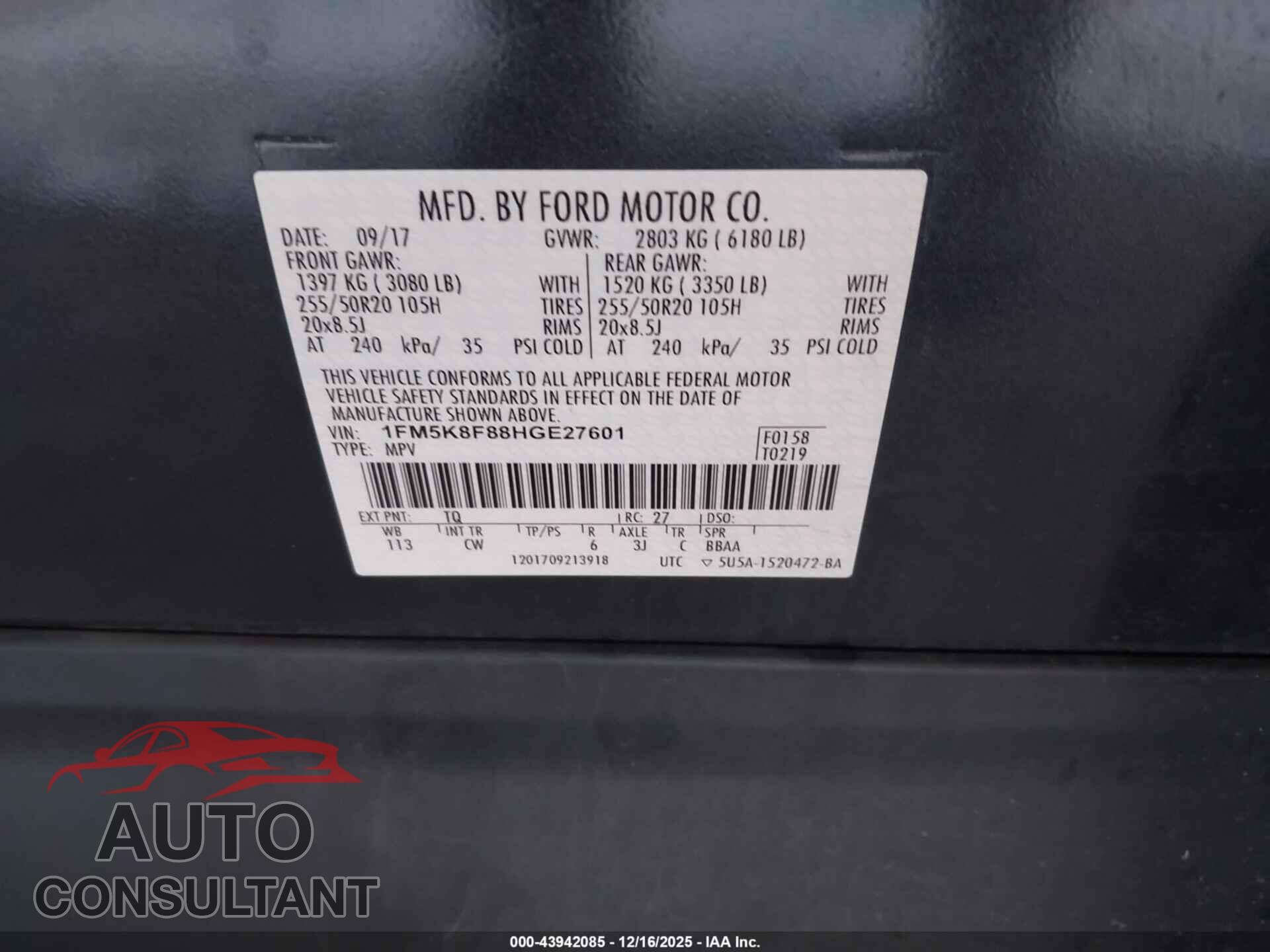 FORD EXPLORER 2017 - 1FM5K8F88HGE27601