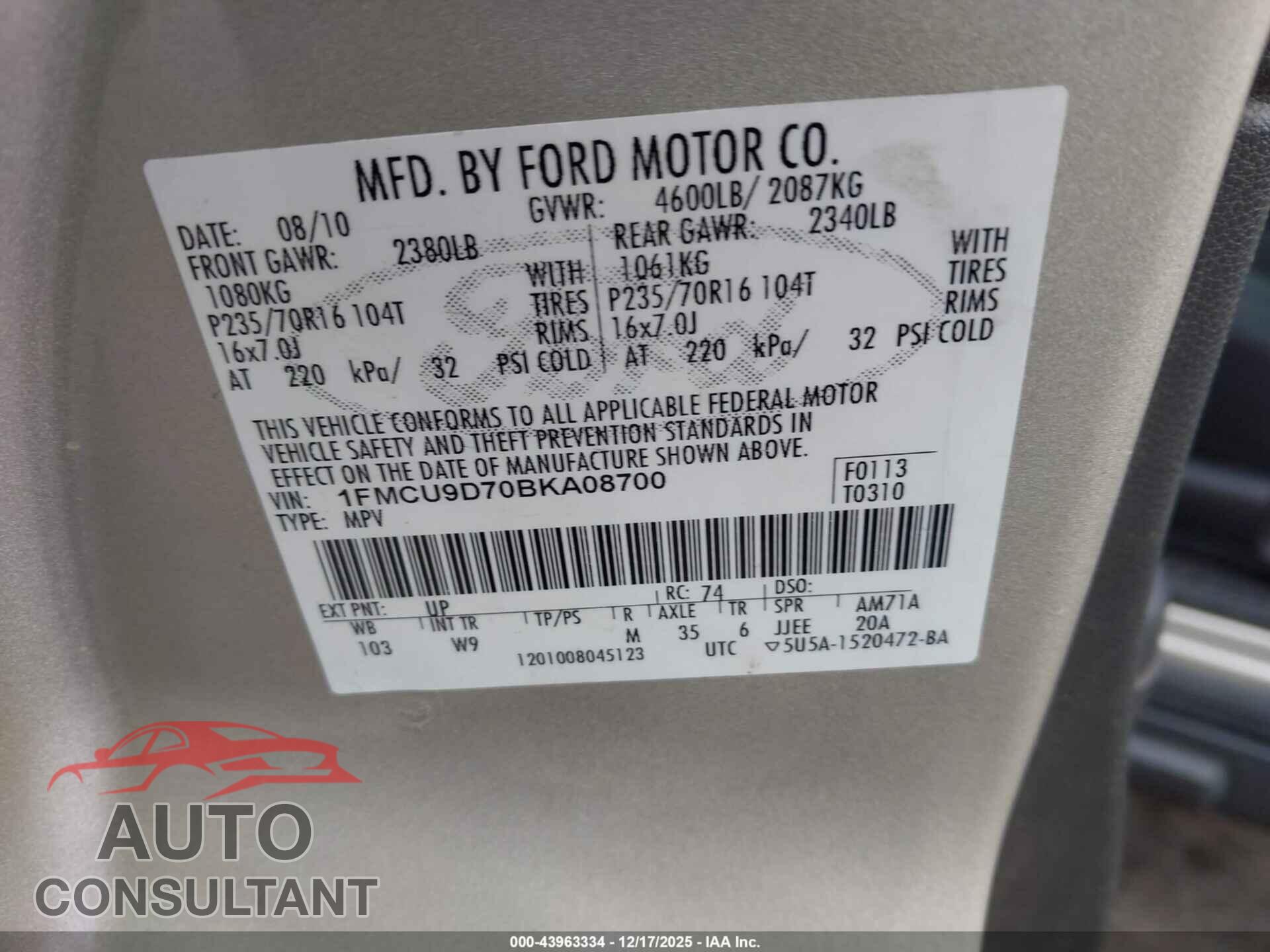 FORD ESCAPE 2011 - 1FMCU9D70BKA08700