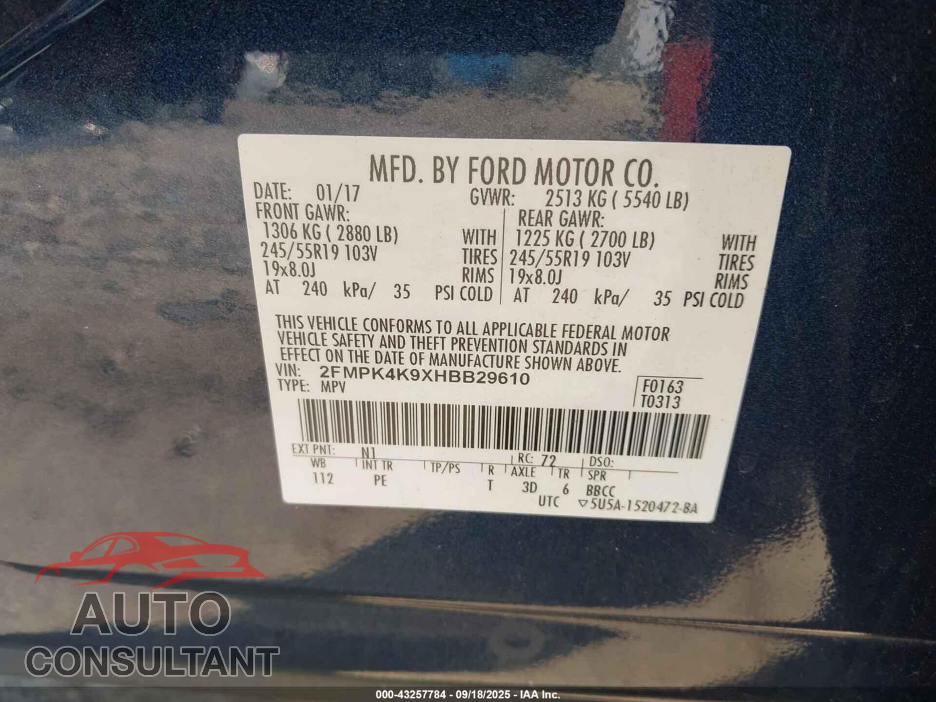 FORD EDGE 2017 - 2FMPK4K9XHBB29610