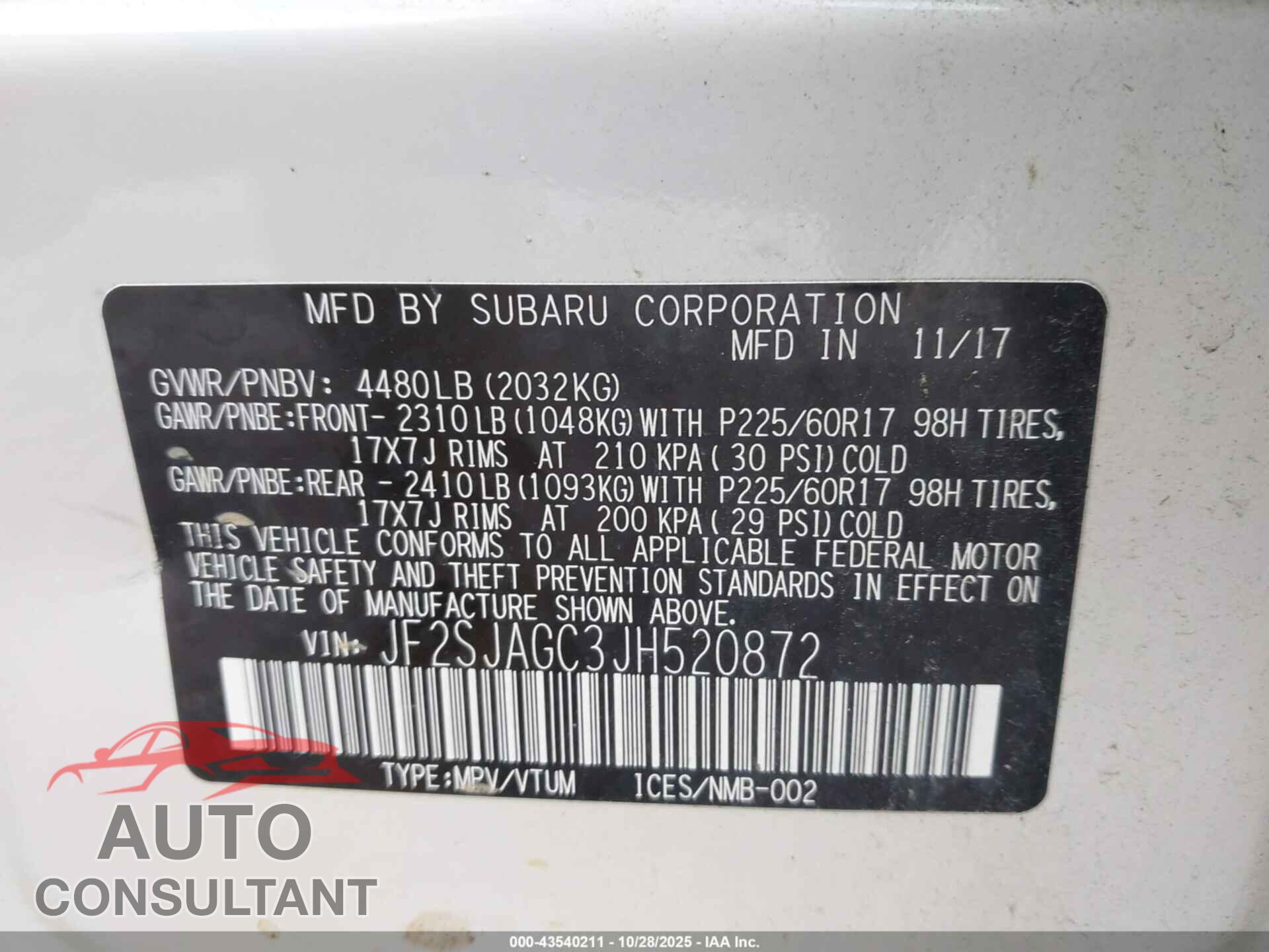 SUBARU FORESTER 2018 - JF2SJAGC3JH520872