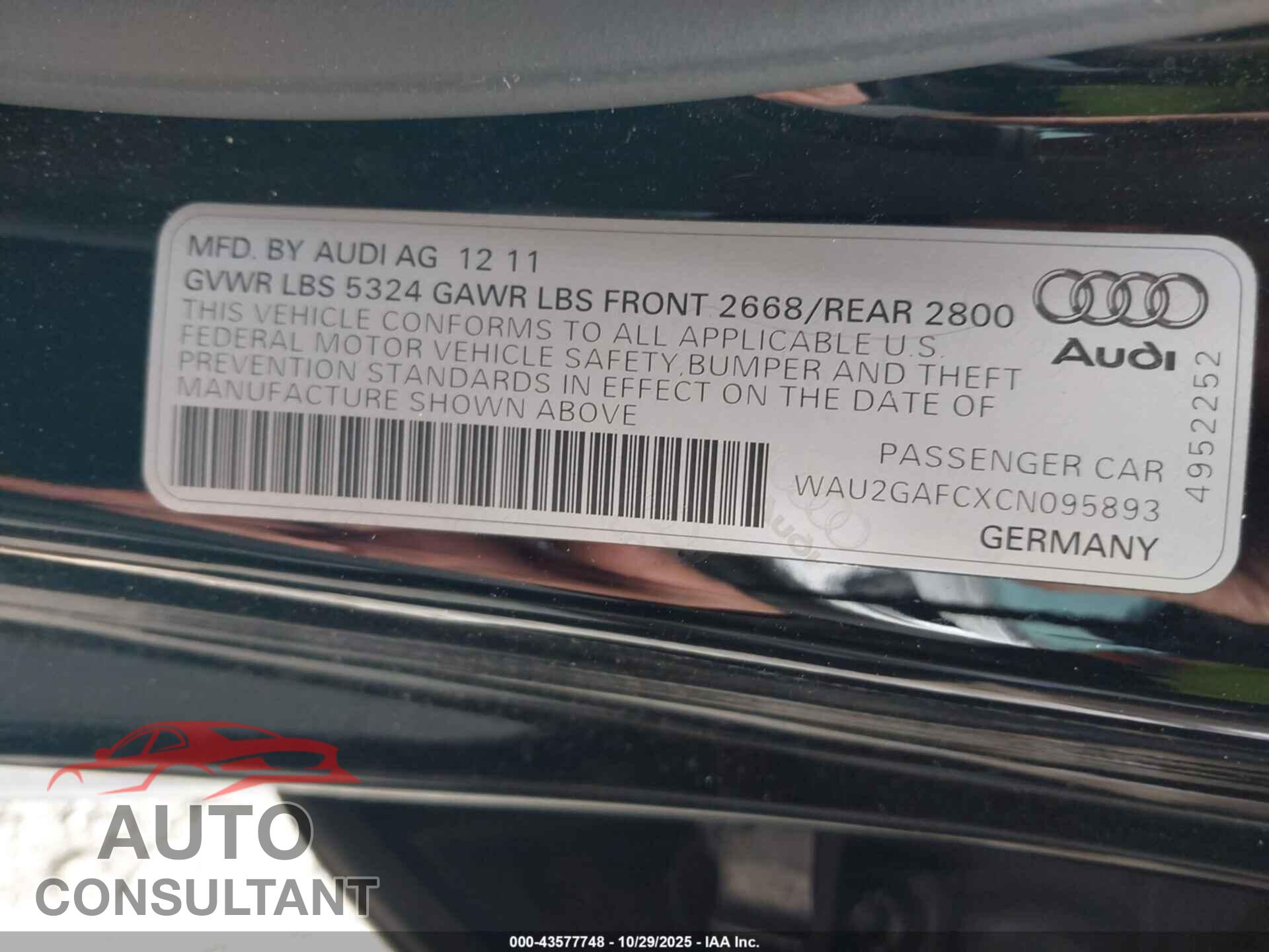 AUDI A7 2012 - WAU2GAFCXCN095893