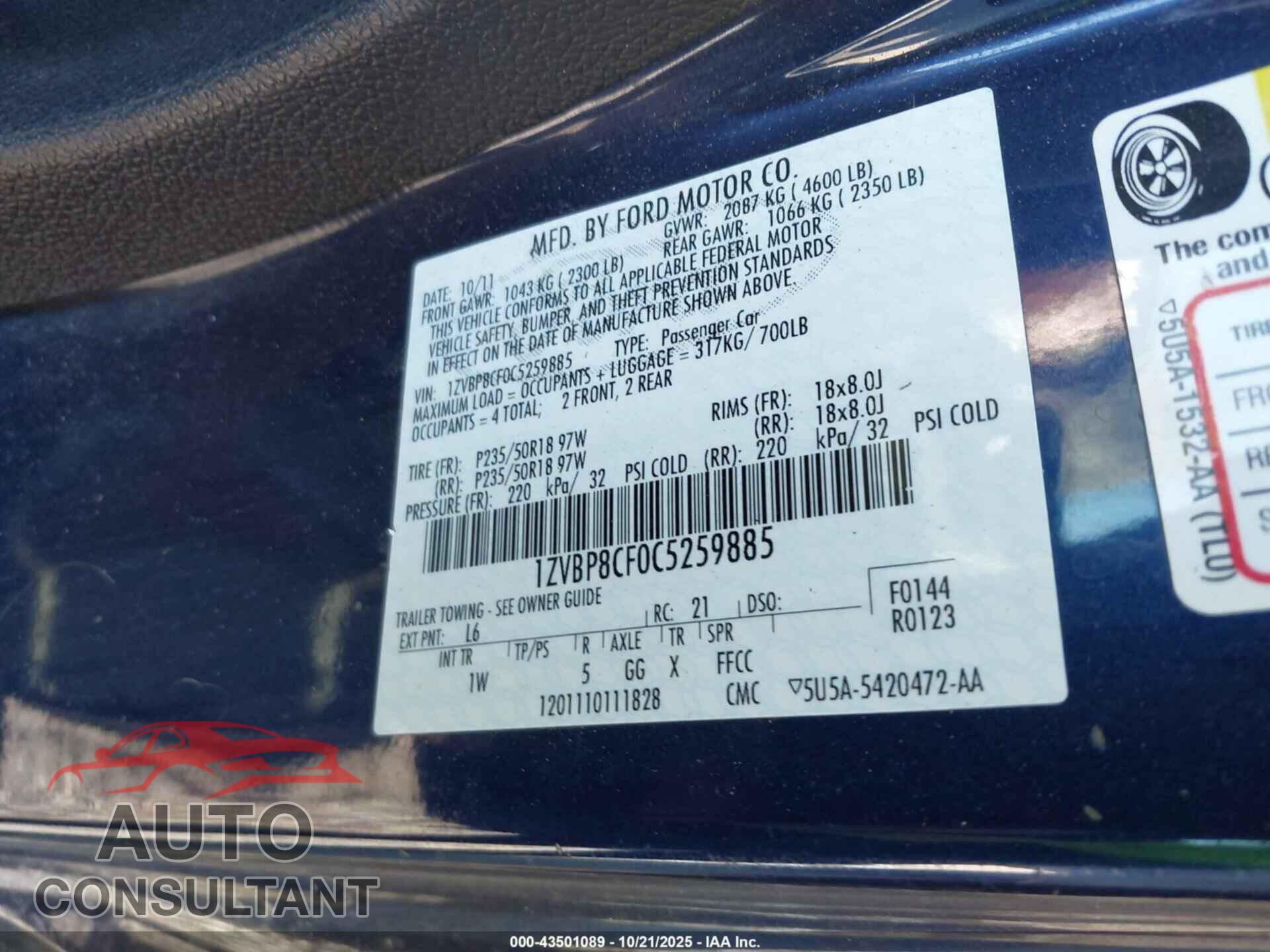 FORD MUSTANG 2012 - 1ZVBP8CF0C5259885