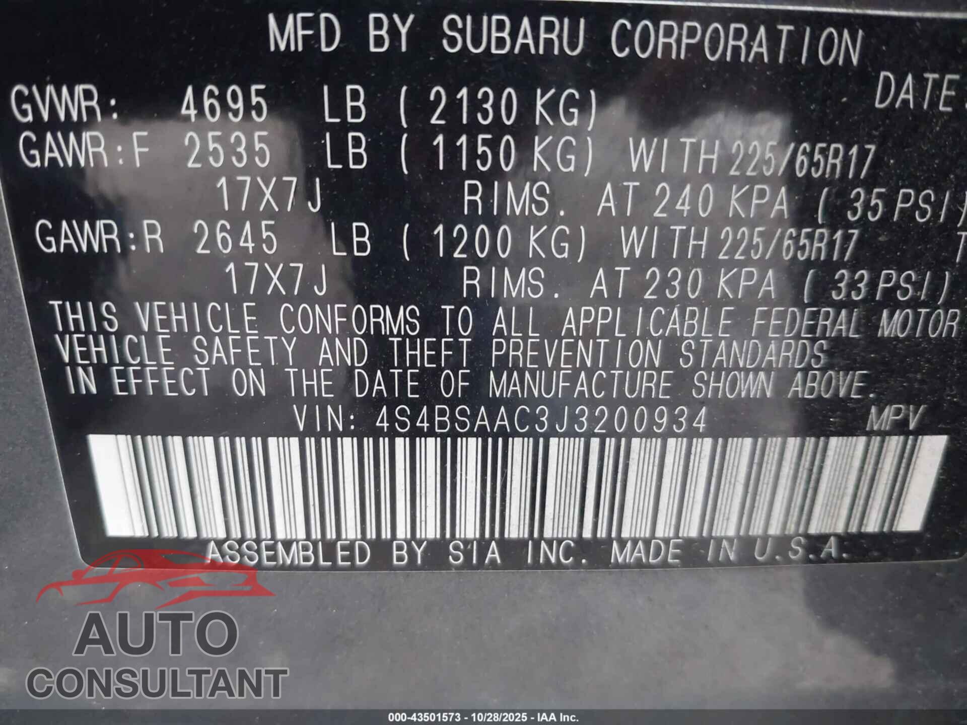 SUBARU OUTBACK 2018 - 4S4BSAAC3J3200934
