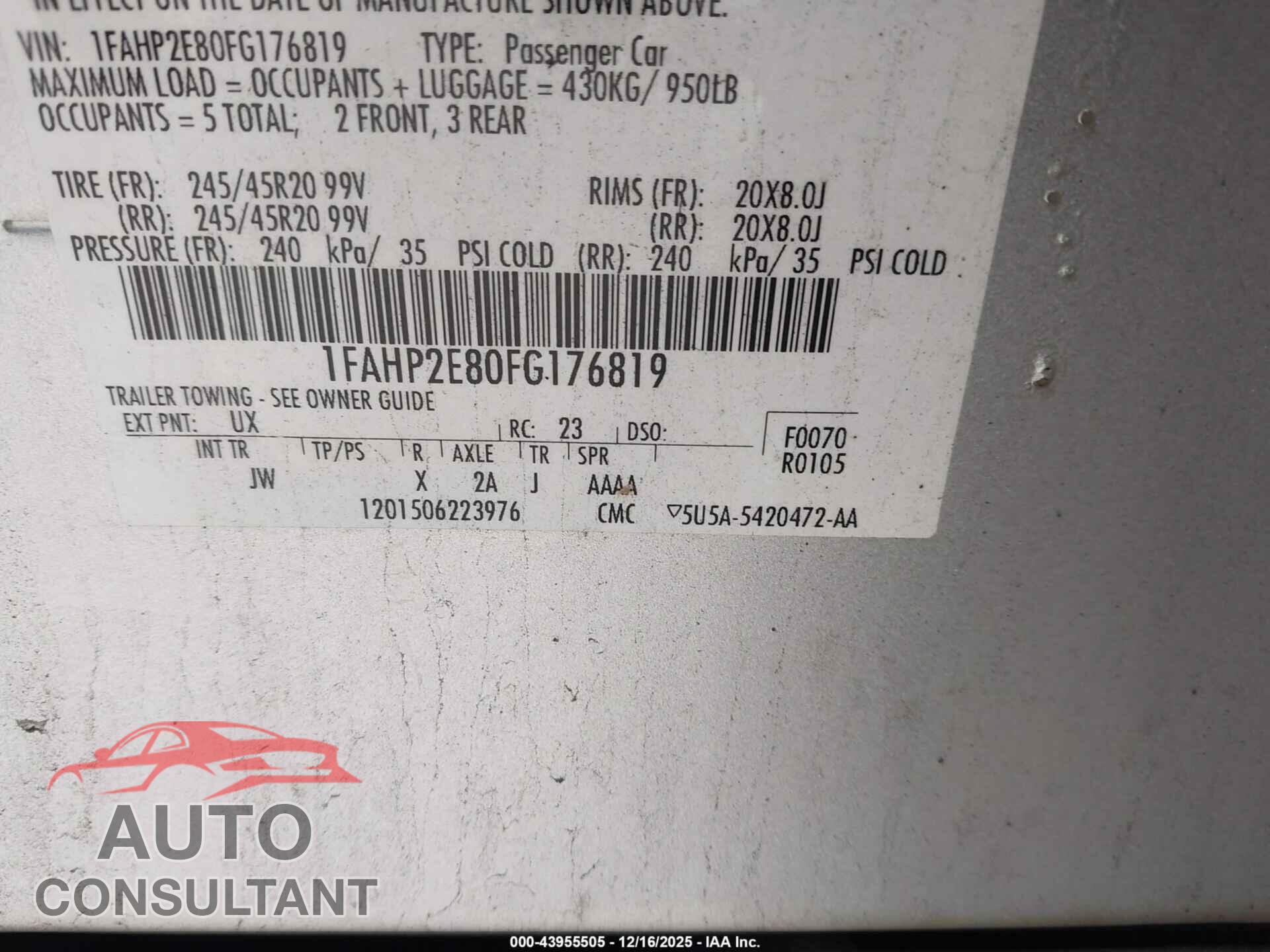 FORD TAURUS 2015 - 1FAHP2E80FG176819