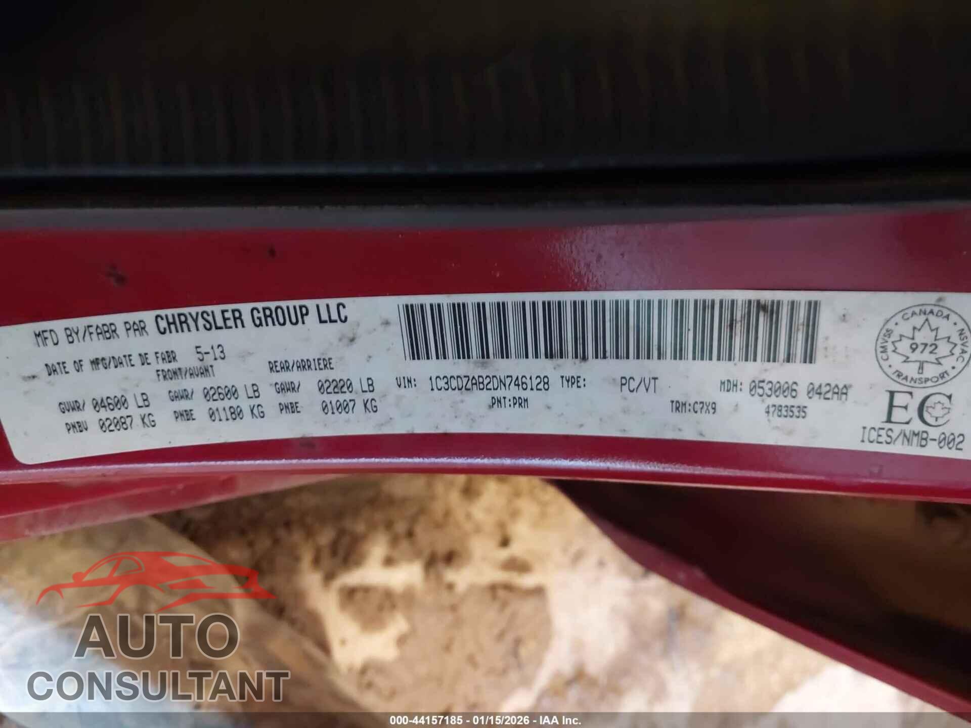 DODGE AVENGER 2013 - 1C3CDZAB2DN746128