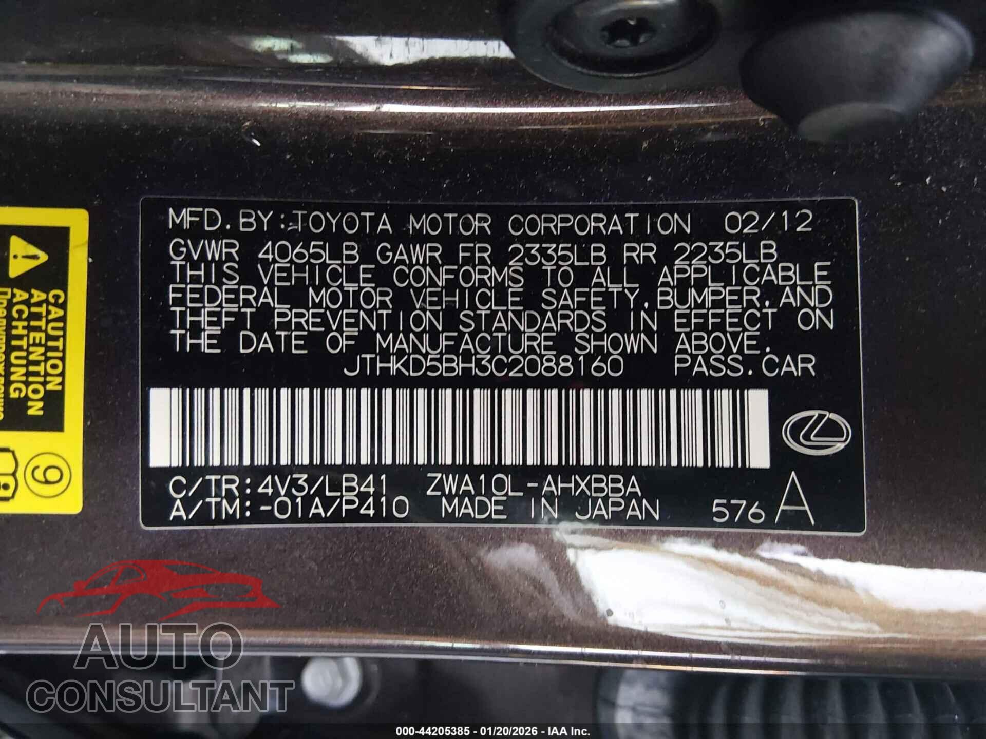 LEXUS CT 200H 2012 - JTHKD5BH3C2088160