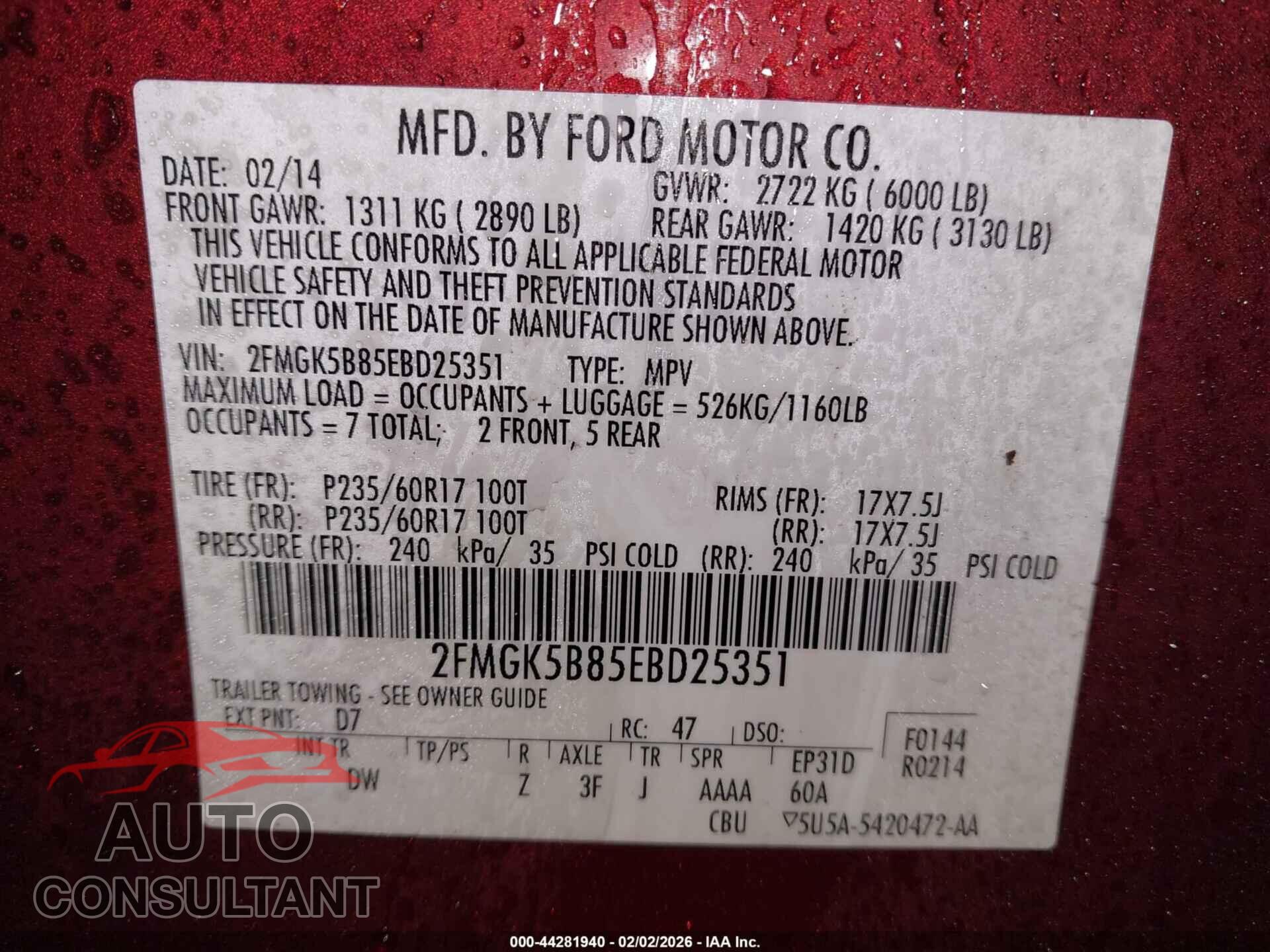 FORD FLEX 2014 - 2FMGK5B85EBD25351