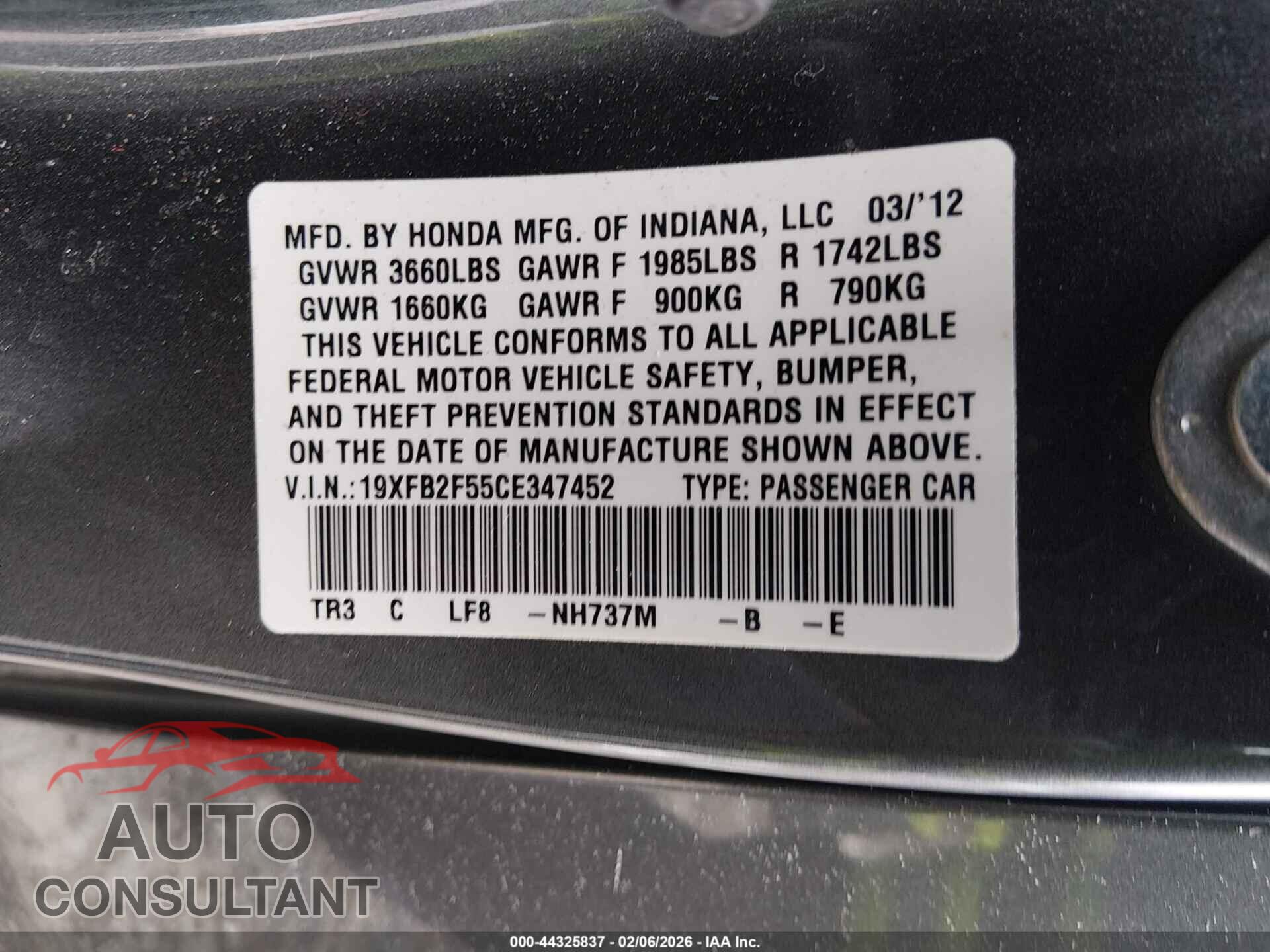 HONDA CIVIC 2012 - 19XFB2F55CE347452