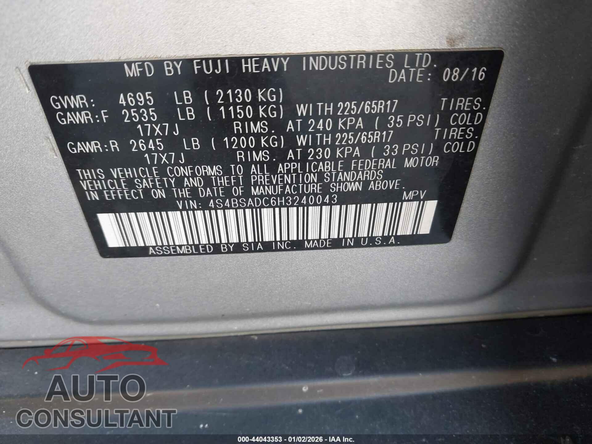 SUBARU OUTBACK 2017 - 4S4BSADC6H3240043