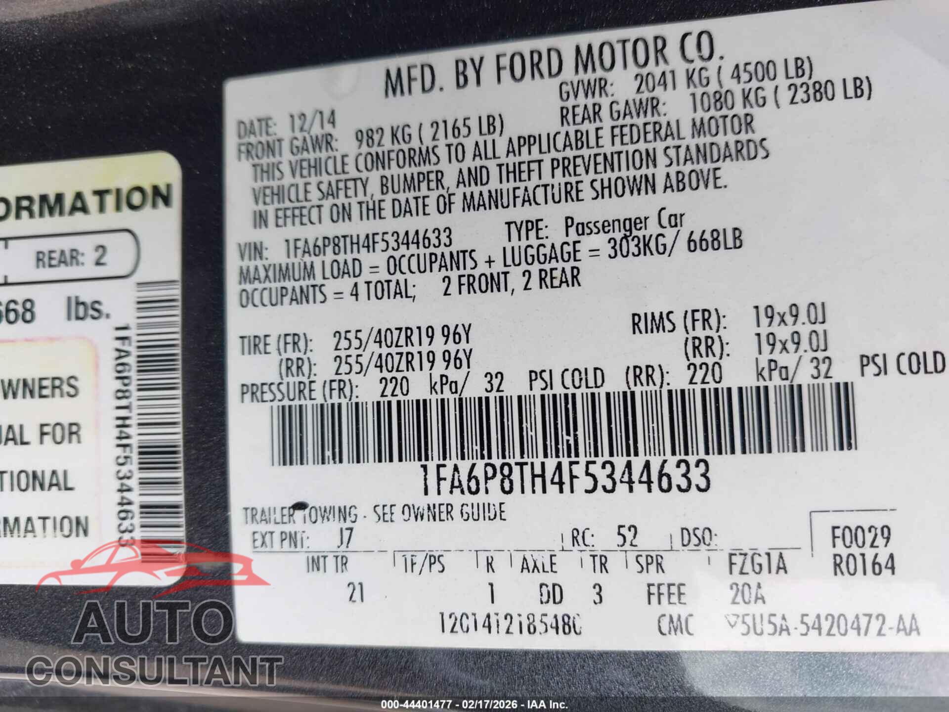 FORD MUSTANG 2015 - 1FA6P8TH4F5344633