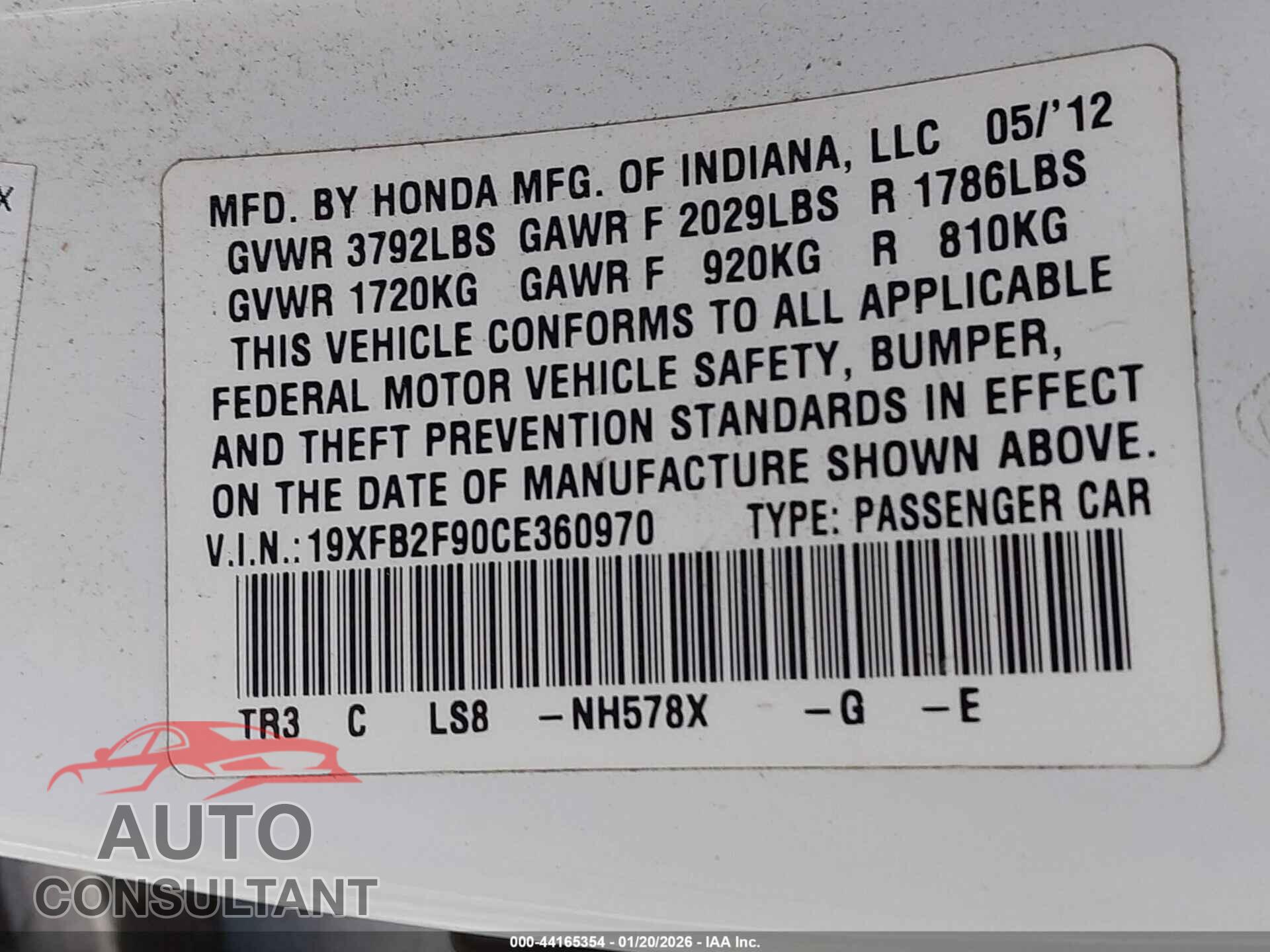 HONDA CIVIC 2012 - 19XFB2F90CE360970