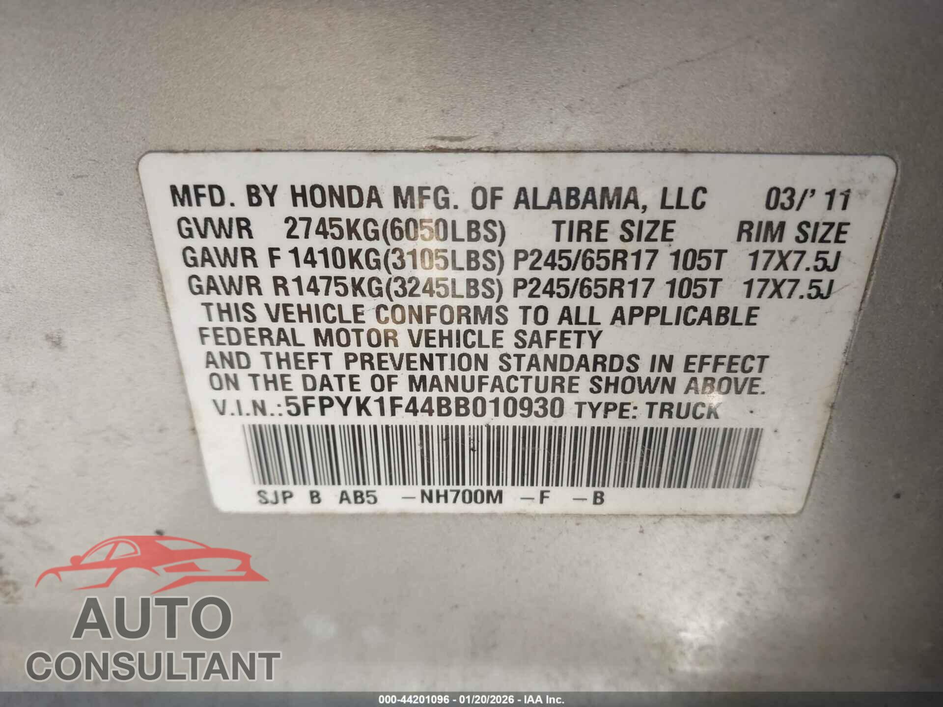 HONDA RIDGELINE 2011 - 5FPYK1F44BB010930