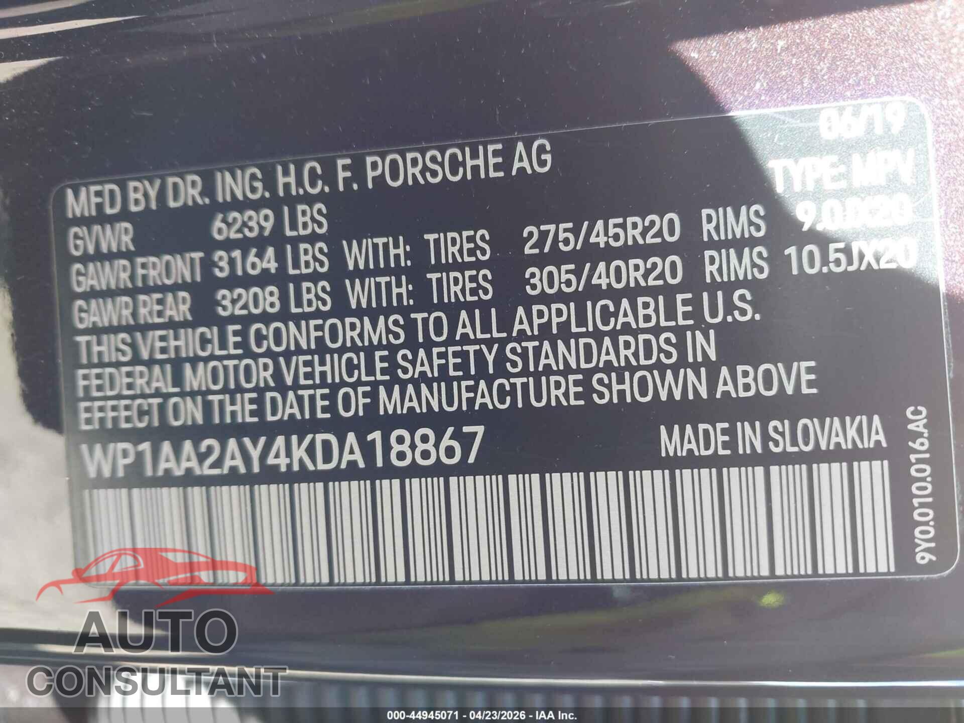 PORSCHE CAYENNE 2019 - WP1AA2AY4KDA18867