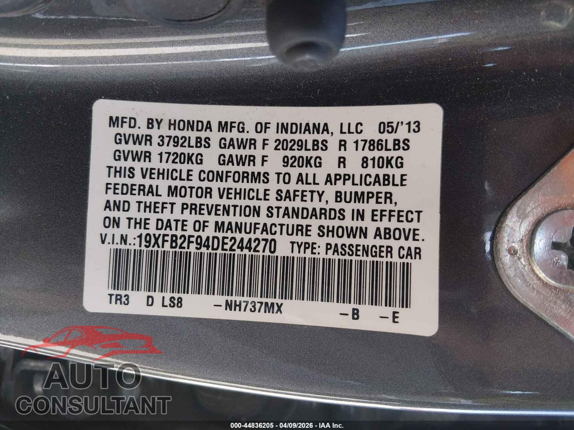 HONDA CIVIC 2013 - 19XFB2F94DE244270