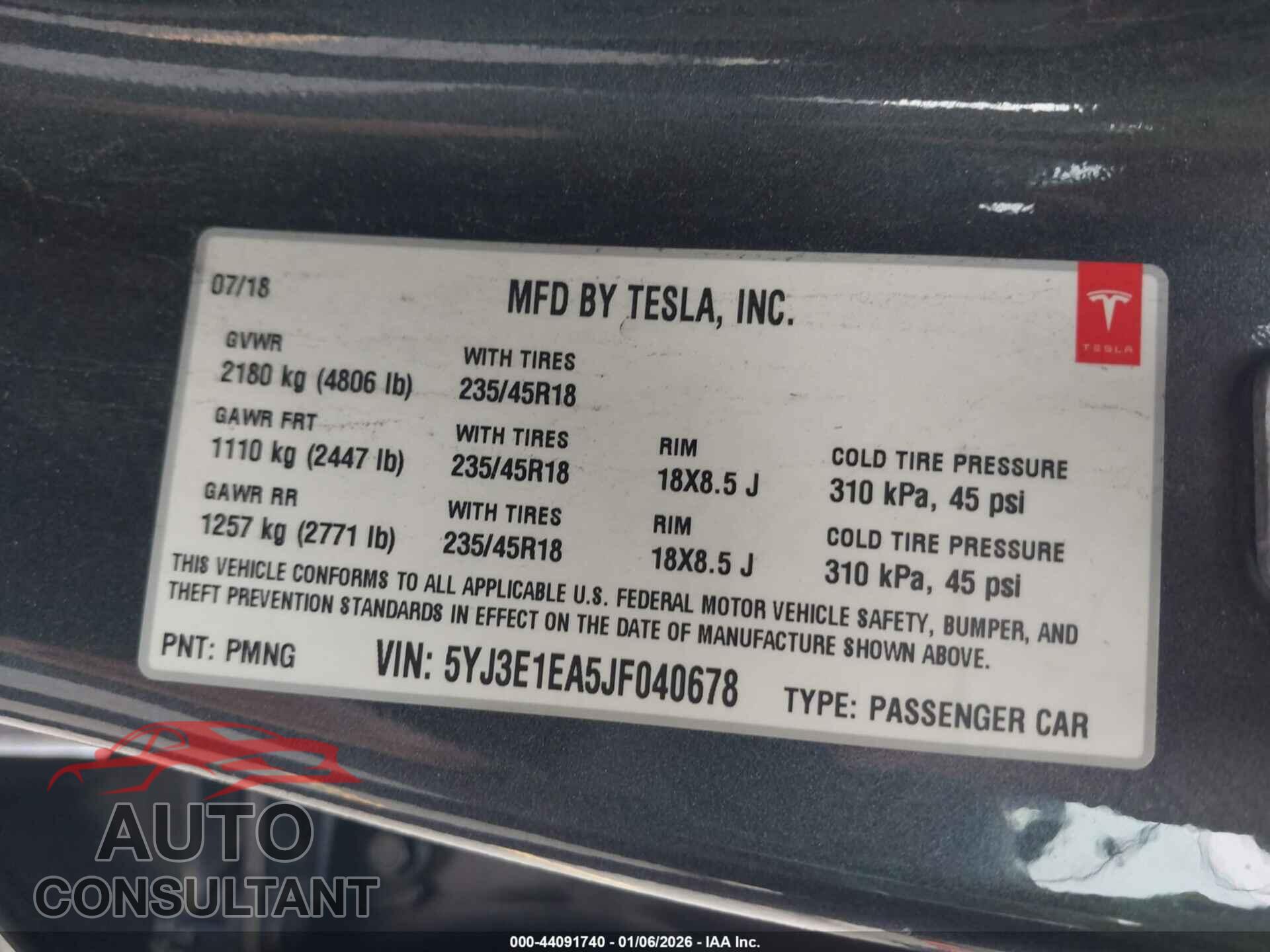 TESLA MODEL 3 2018 - 5YJ3E1EA5JF040678