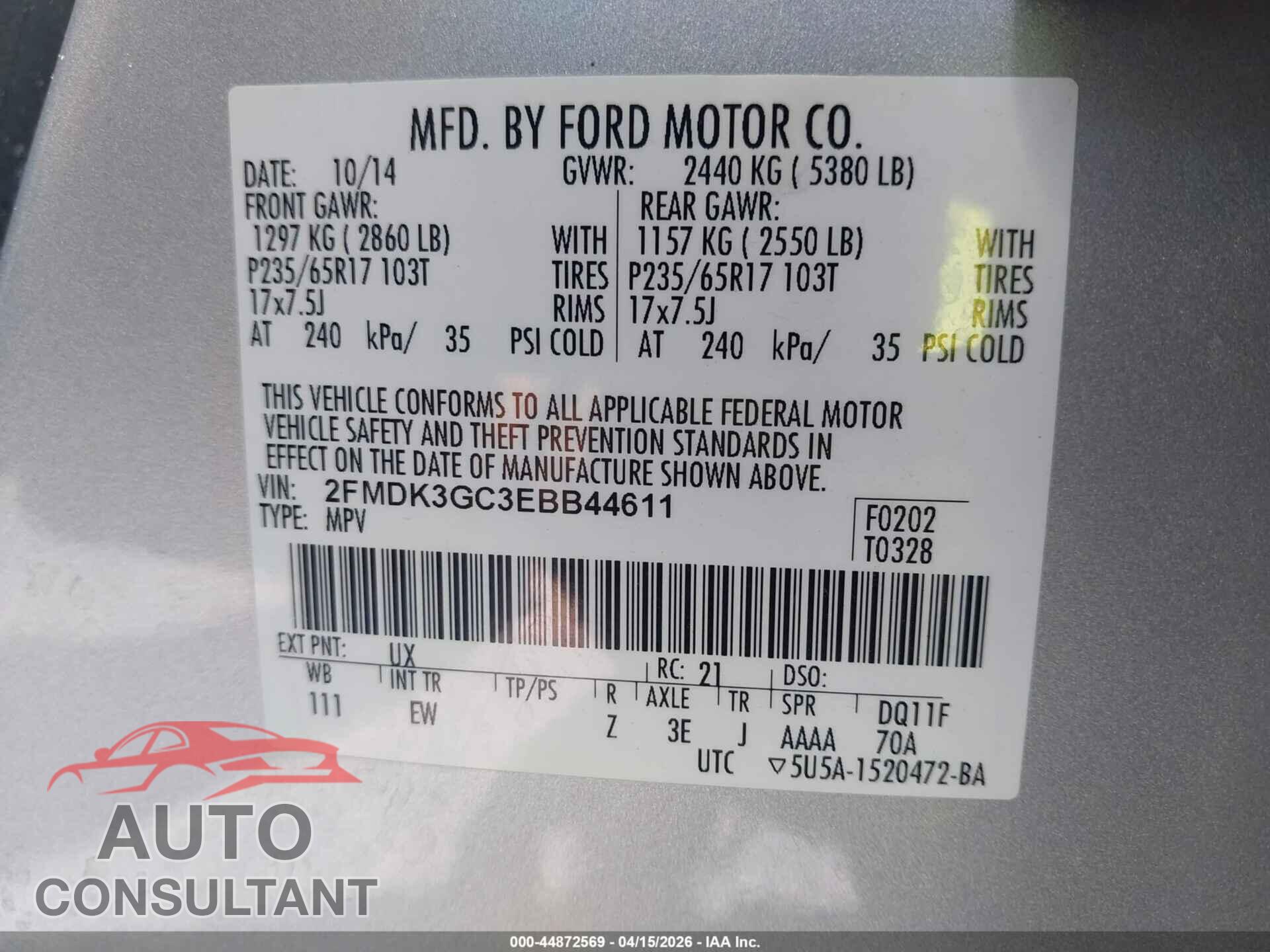 FORD EDGE 2014 - 2FMDK3GC3EBB44611