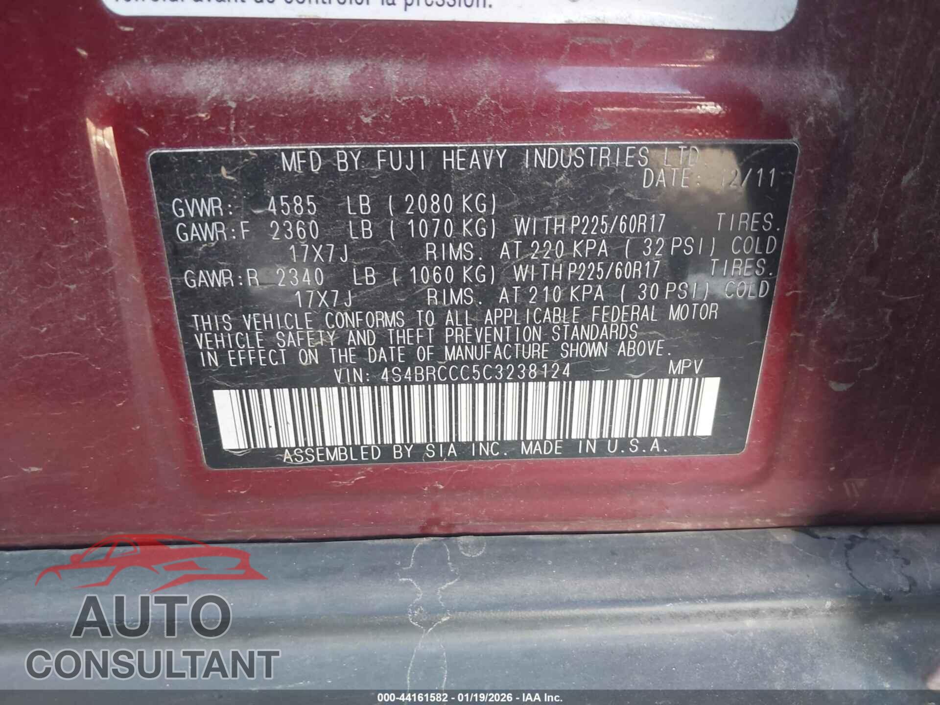 SUBARU OUTBACK 2012 - 4S4BRCCC5C3238124