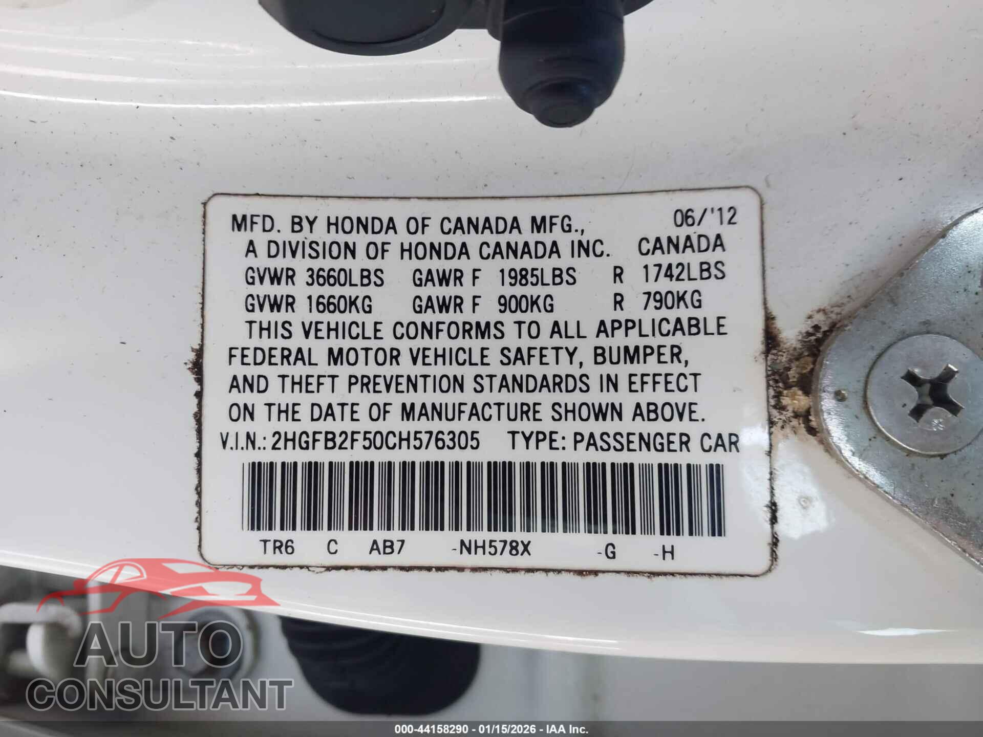 HONDA CIVIC 2012 - 2HGFB2F50CH576305