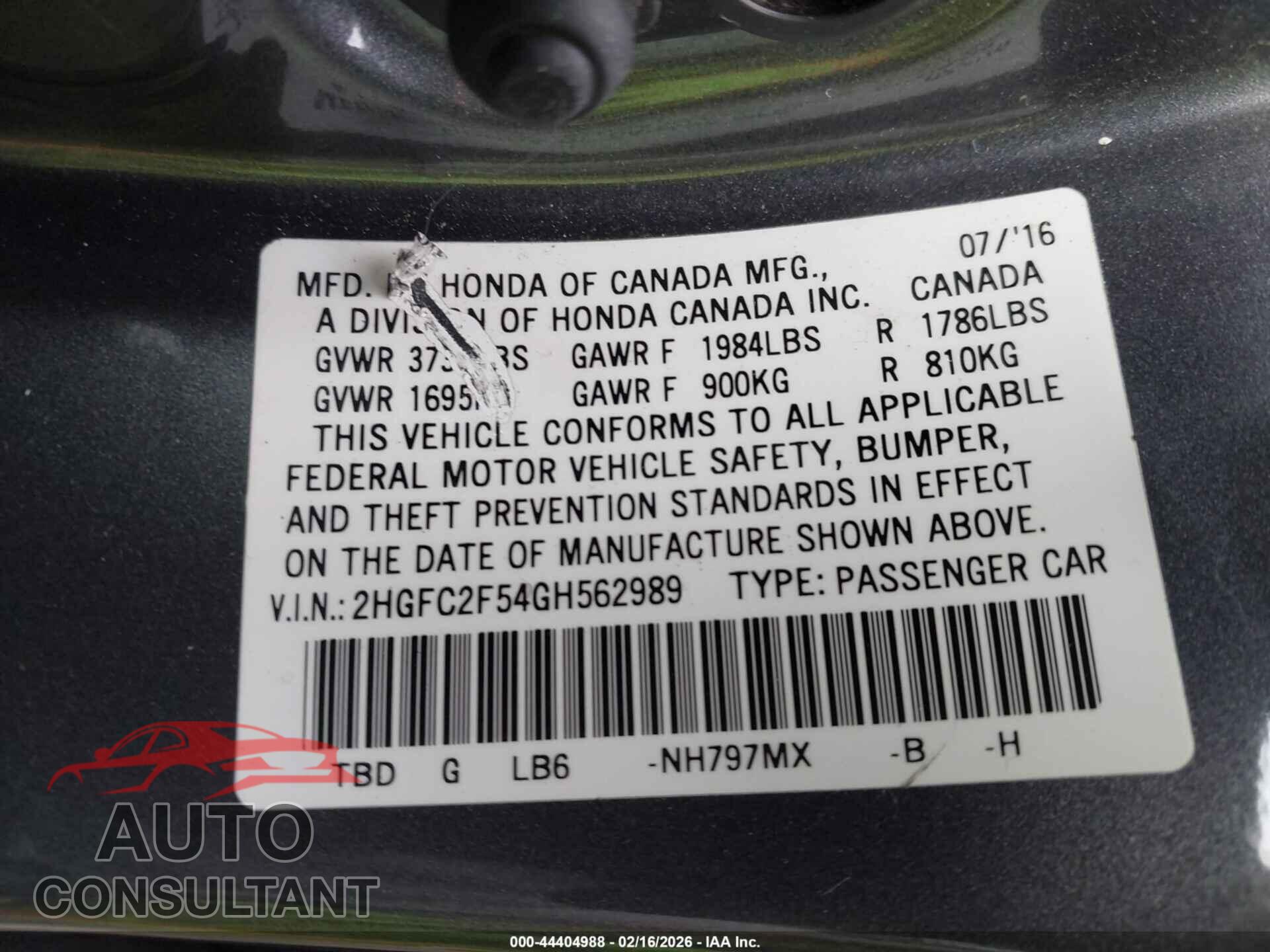 HONDA CIVIC 2016 - 2HGFC2F54GH562989