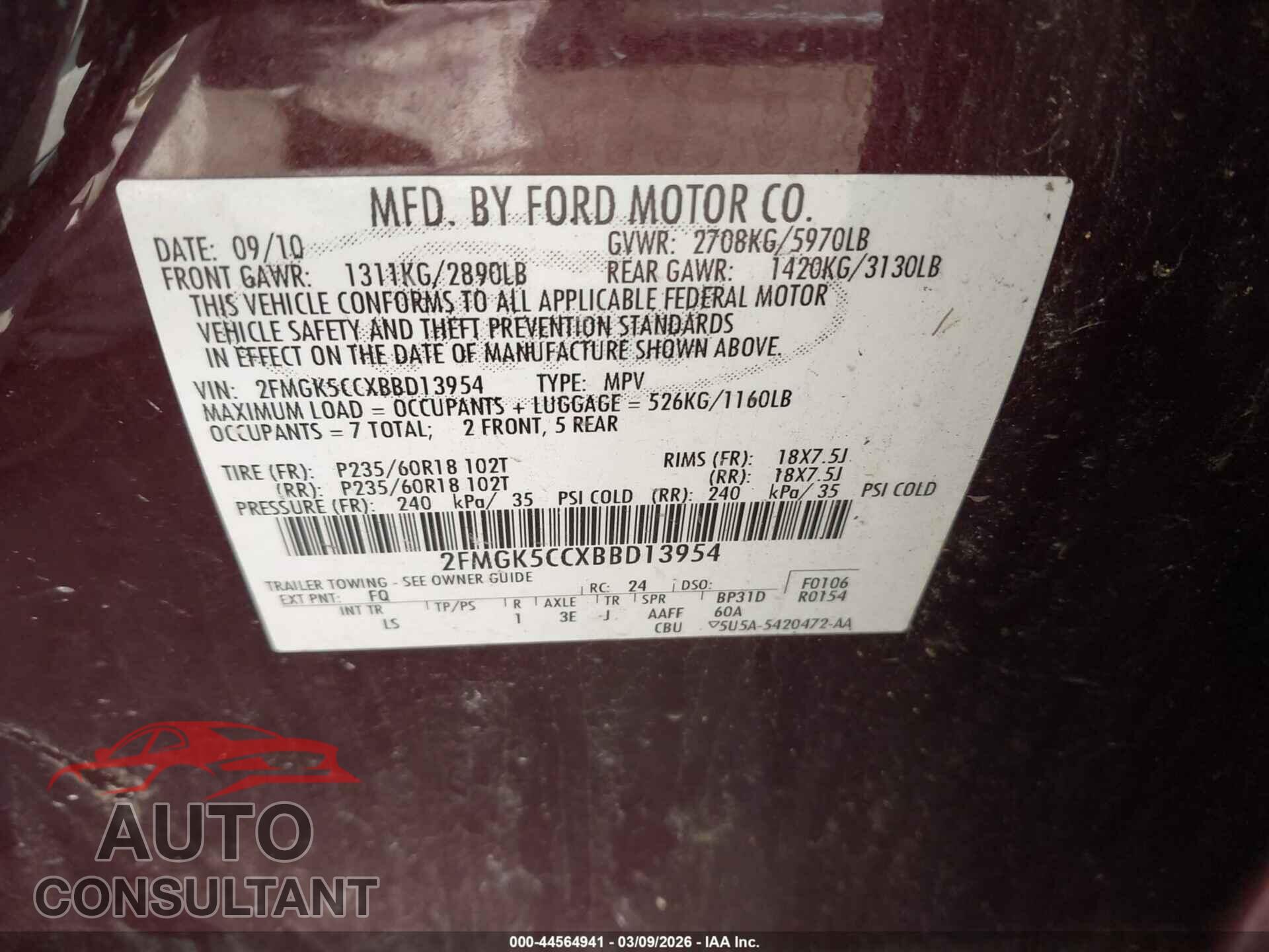 FORD FLEX 2011 - 2FMGK5CCXBBD13954