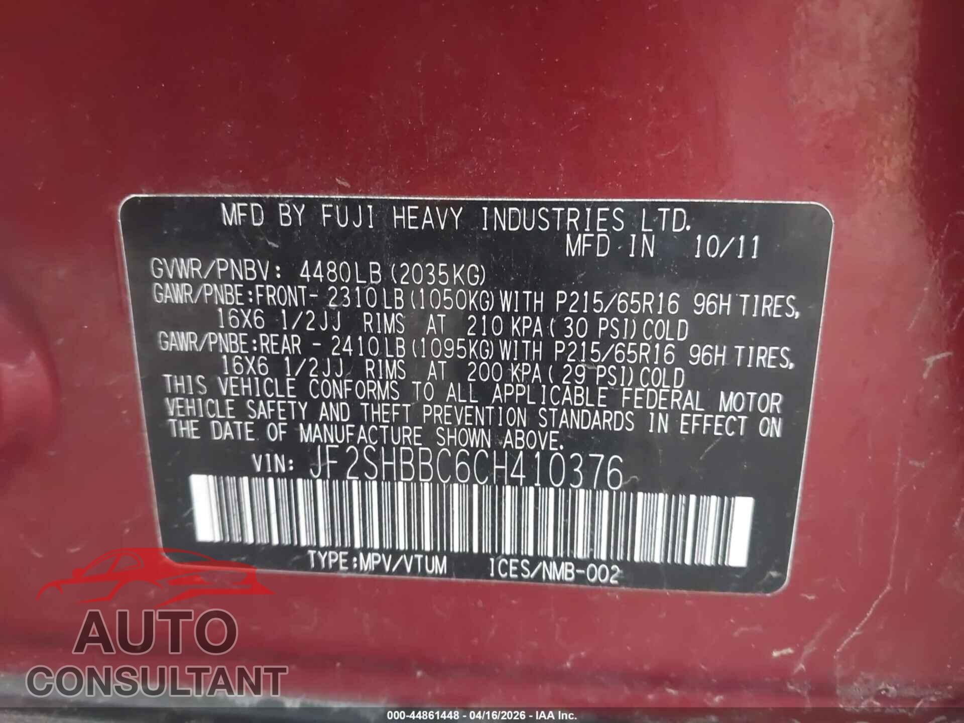 SUBARU FORESTER 2012 - JF2SHBBC6CH410376