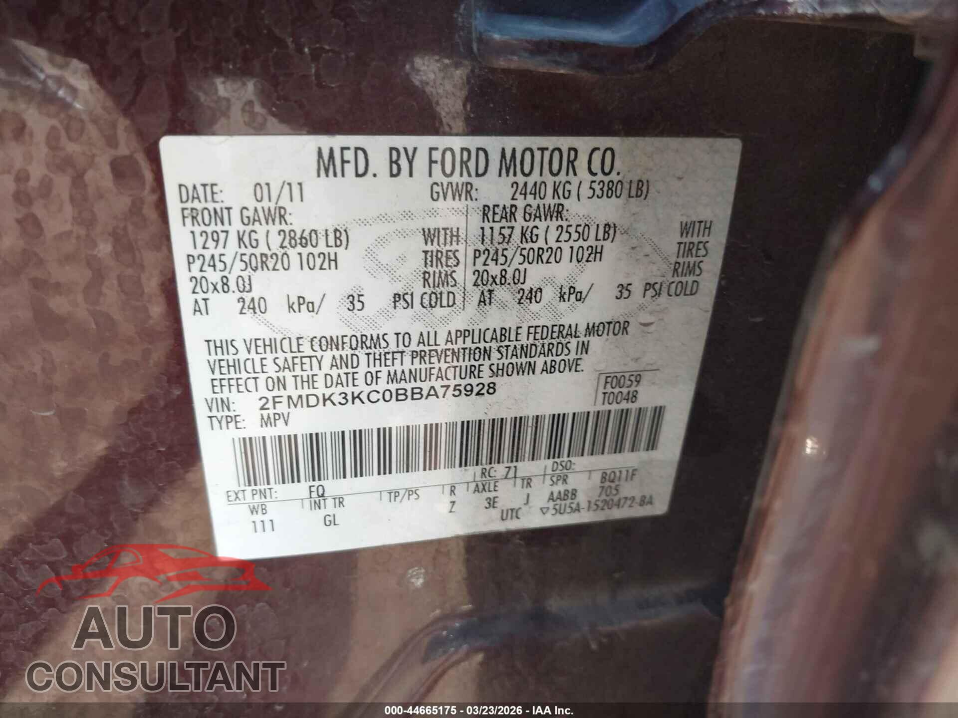 FORD EDGE 2011 - 2FMDK3KC0BBA75928