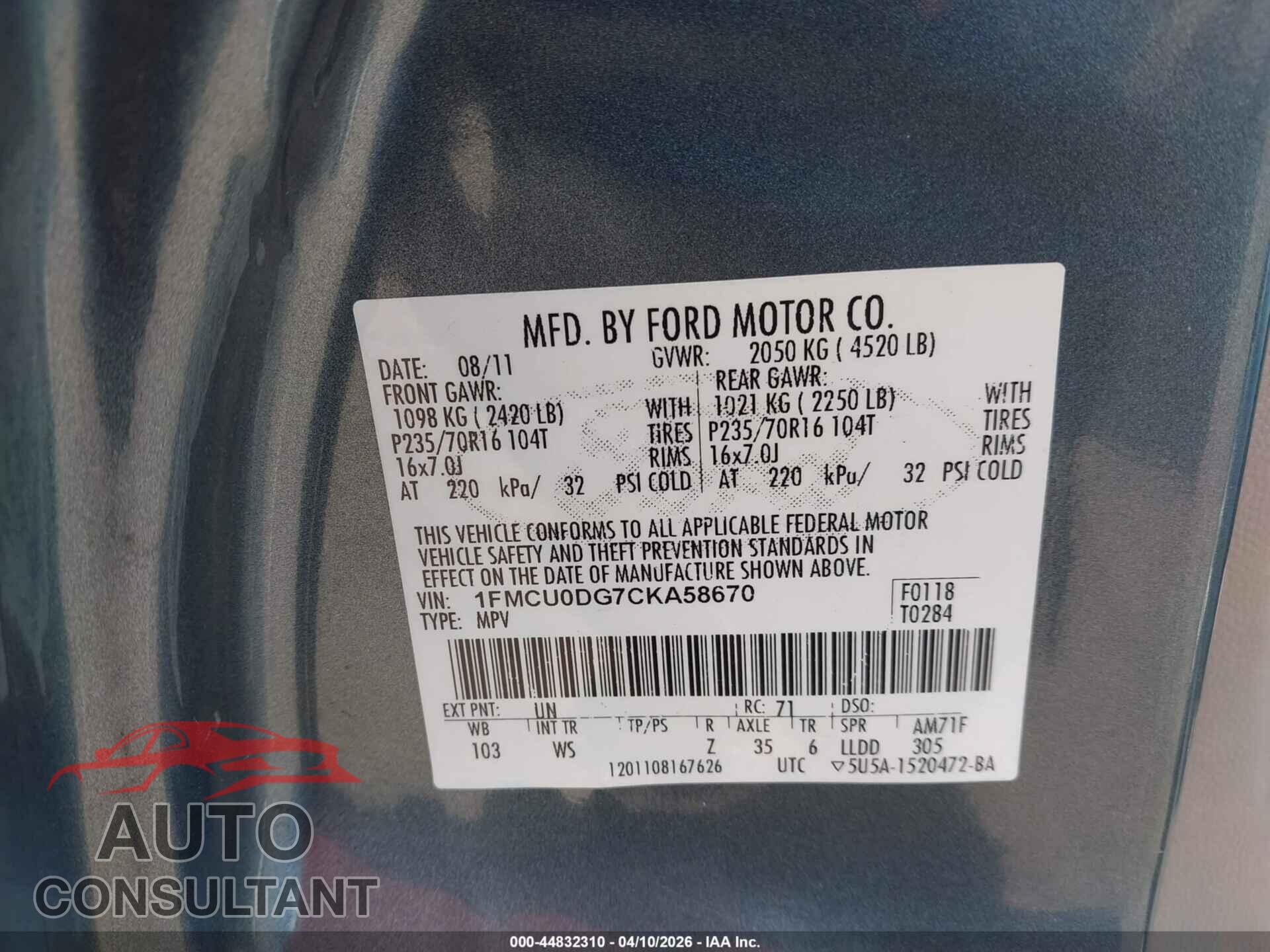 FORD ESCAPE 2012 - 1FMCU0DG7CKA58670