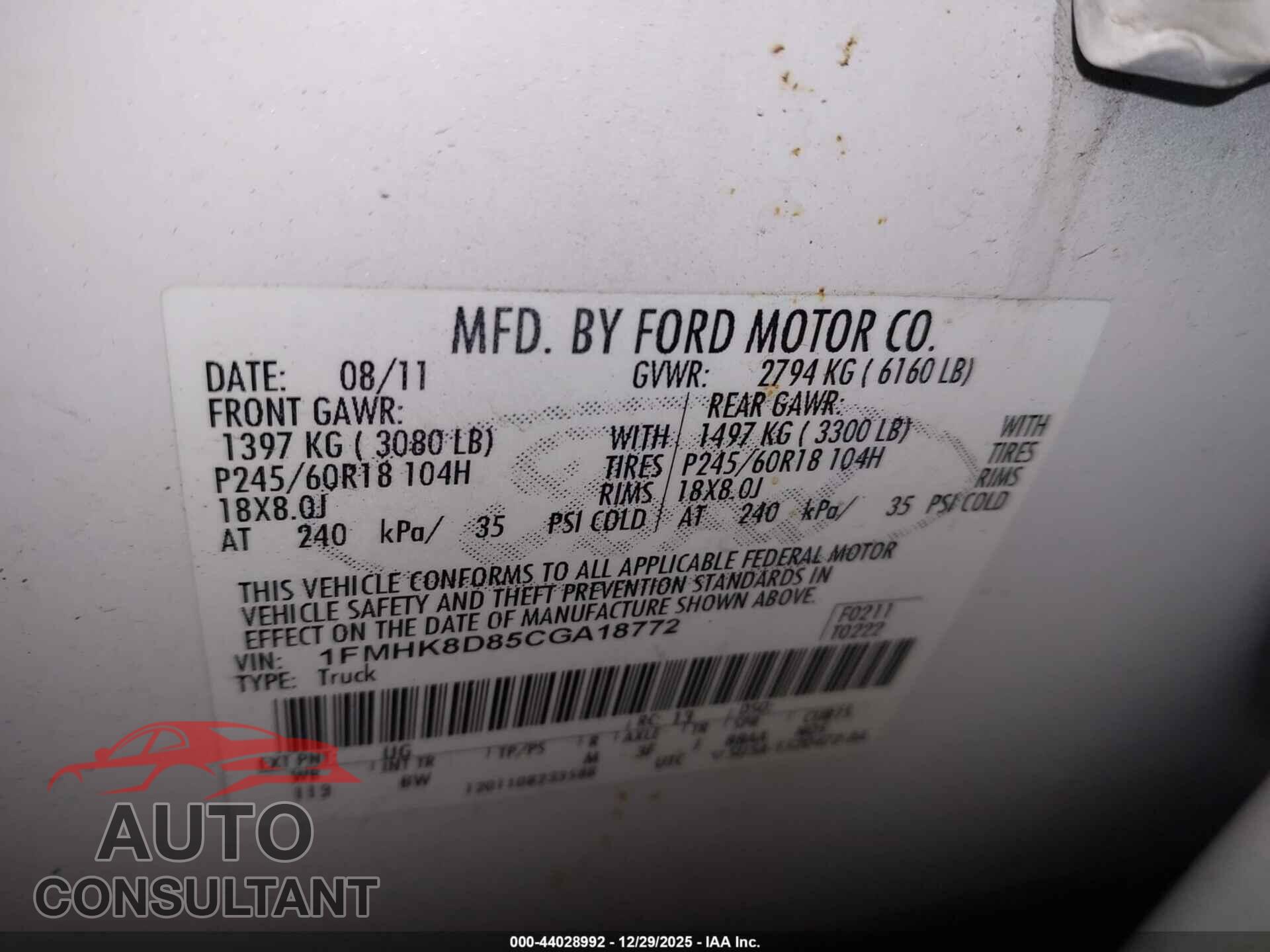FORD EXPLORER 2012 - 1FMHK8D85CGA18772