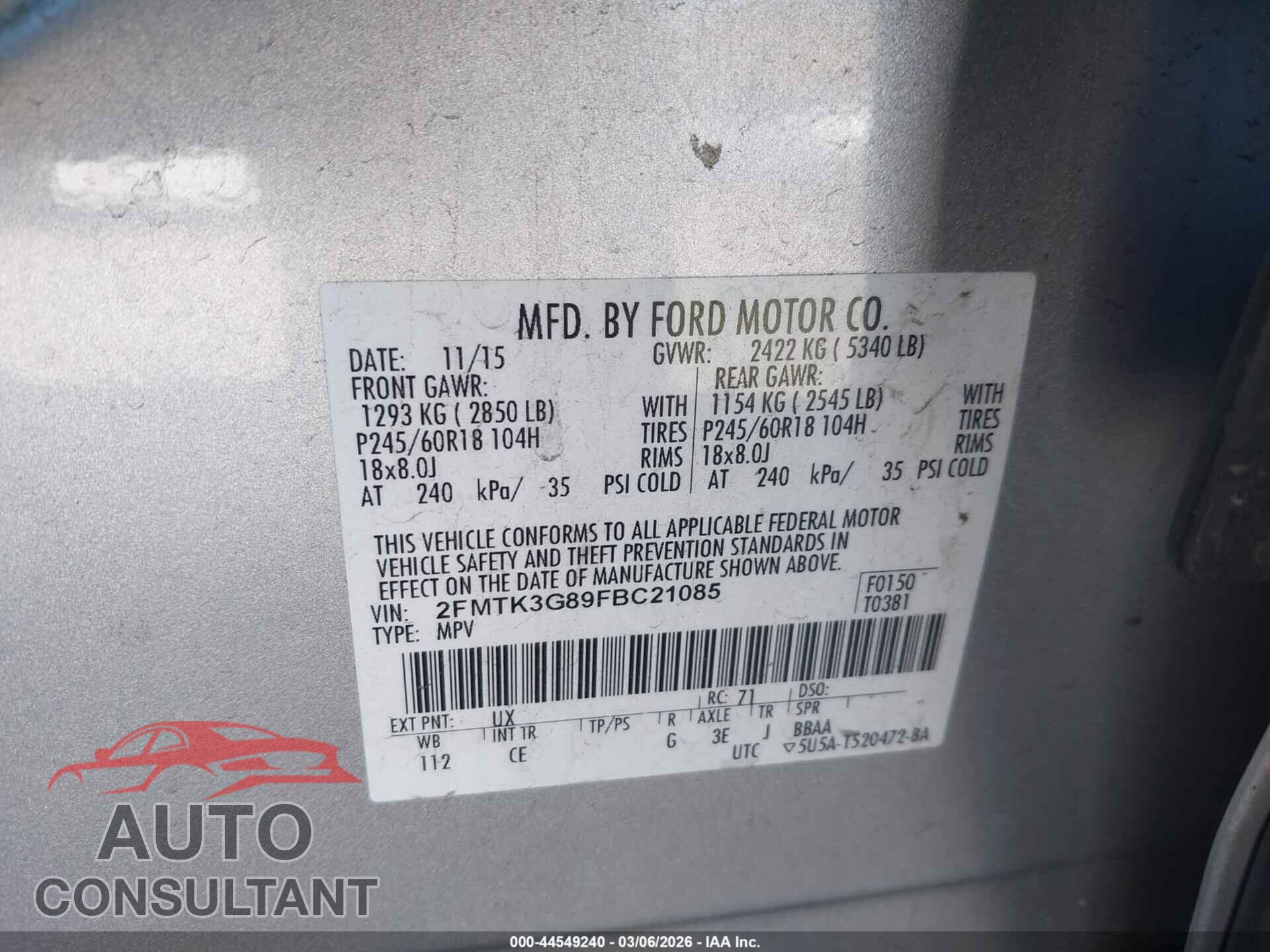 FORD EDGE 2015 - 2FMTK3G89FBC21085
