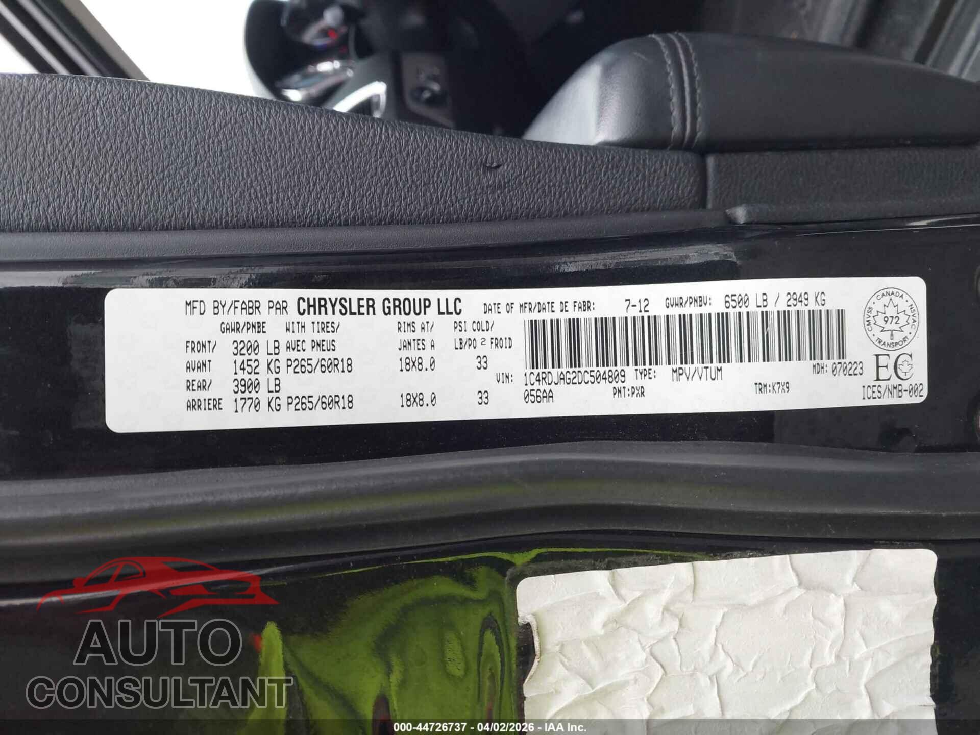 DODGE DURANGO 2013 - 1C4RDJAG2DC504809