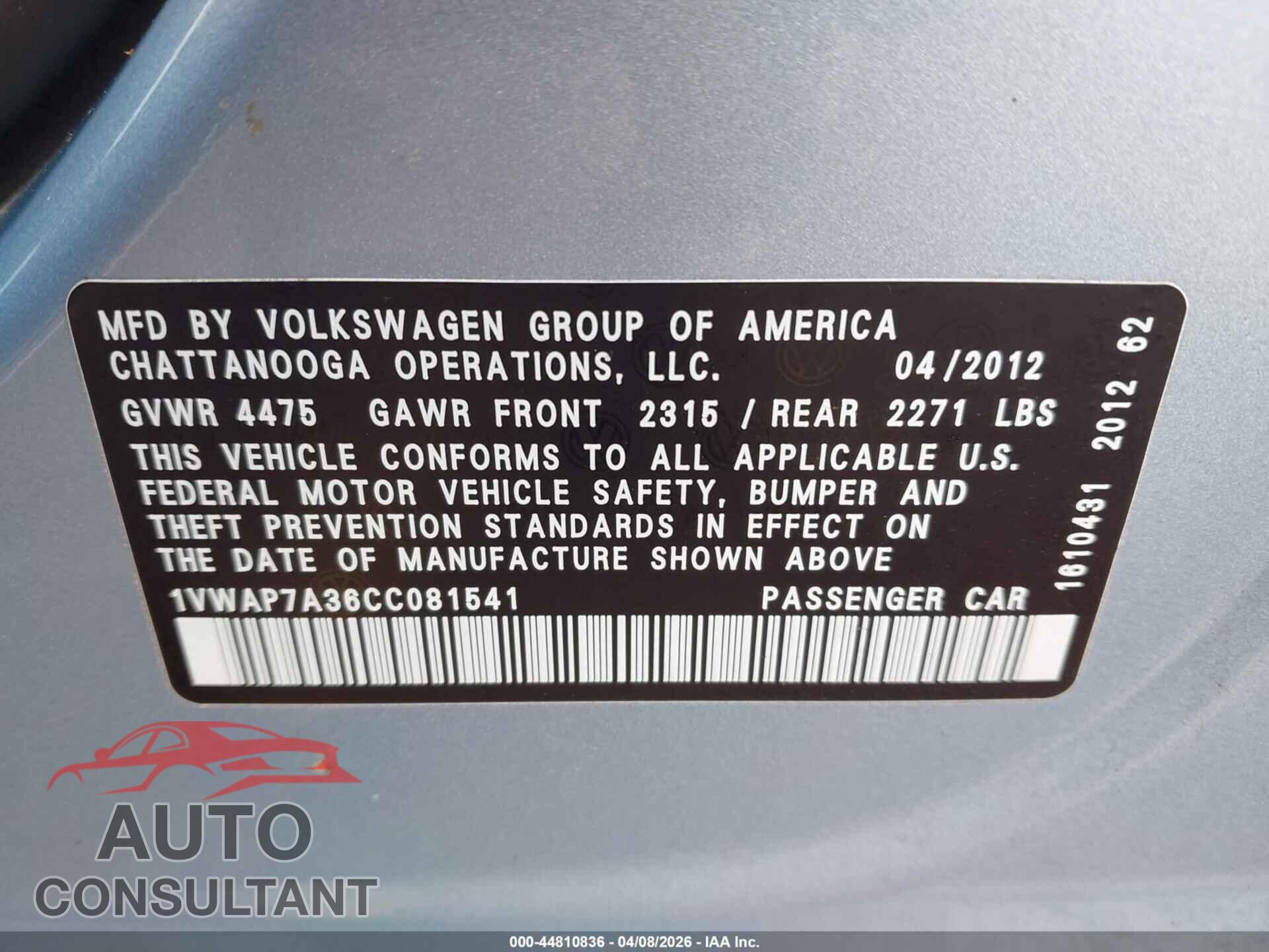 VOLKSWAGEN PASSAT 2012 - 1VWAP7A36CC081541