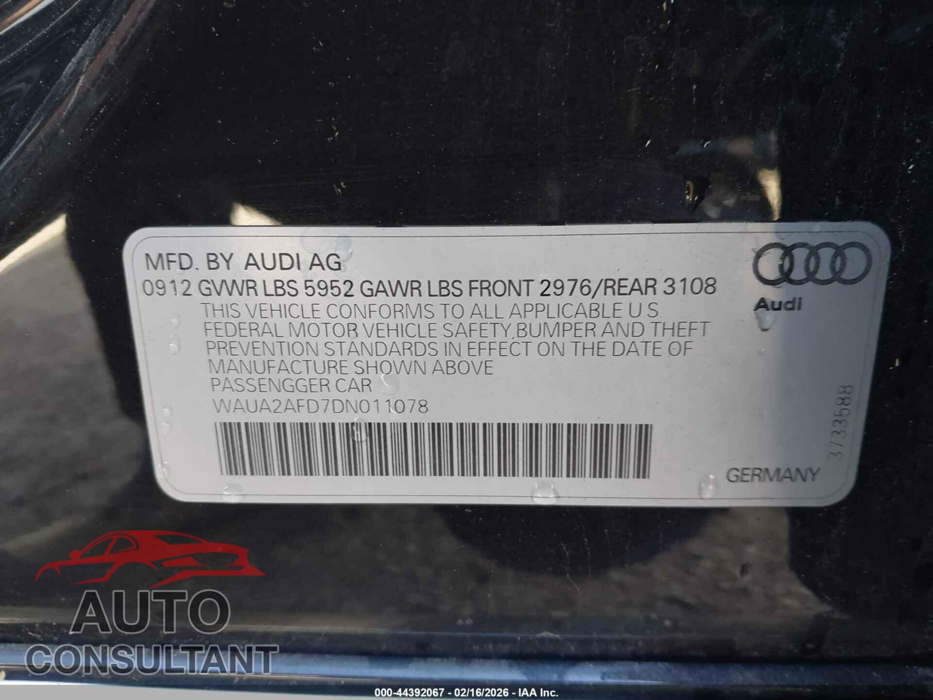 AUDI A8 2013 - WAUA2AFD7DN011078