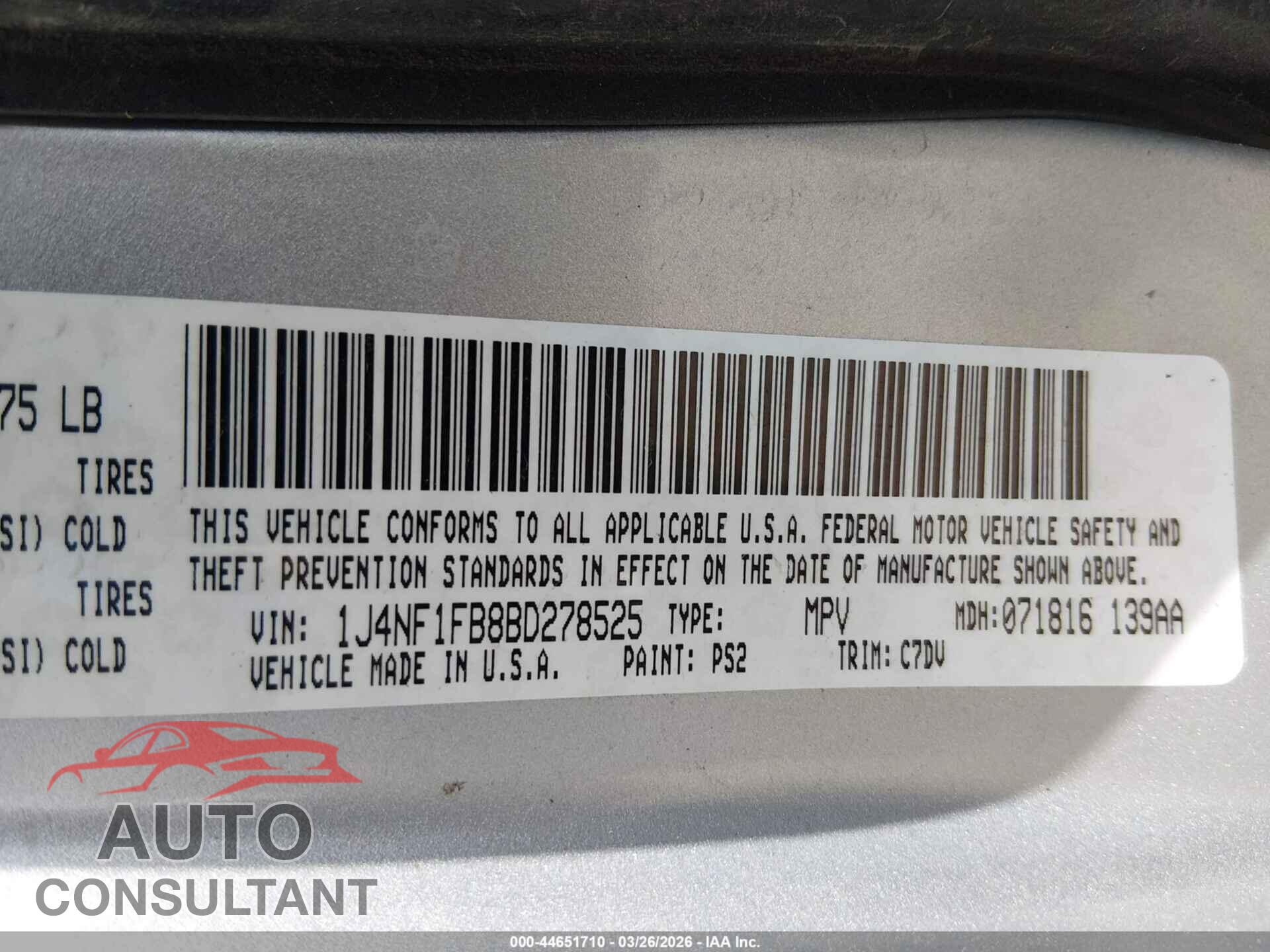 JEEP COMPASS 2011 - 1J4NF1FB8BD278525