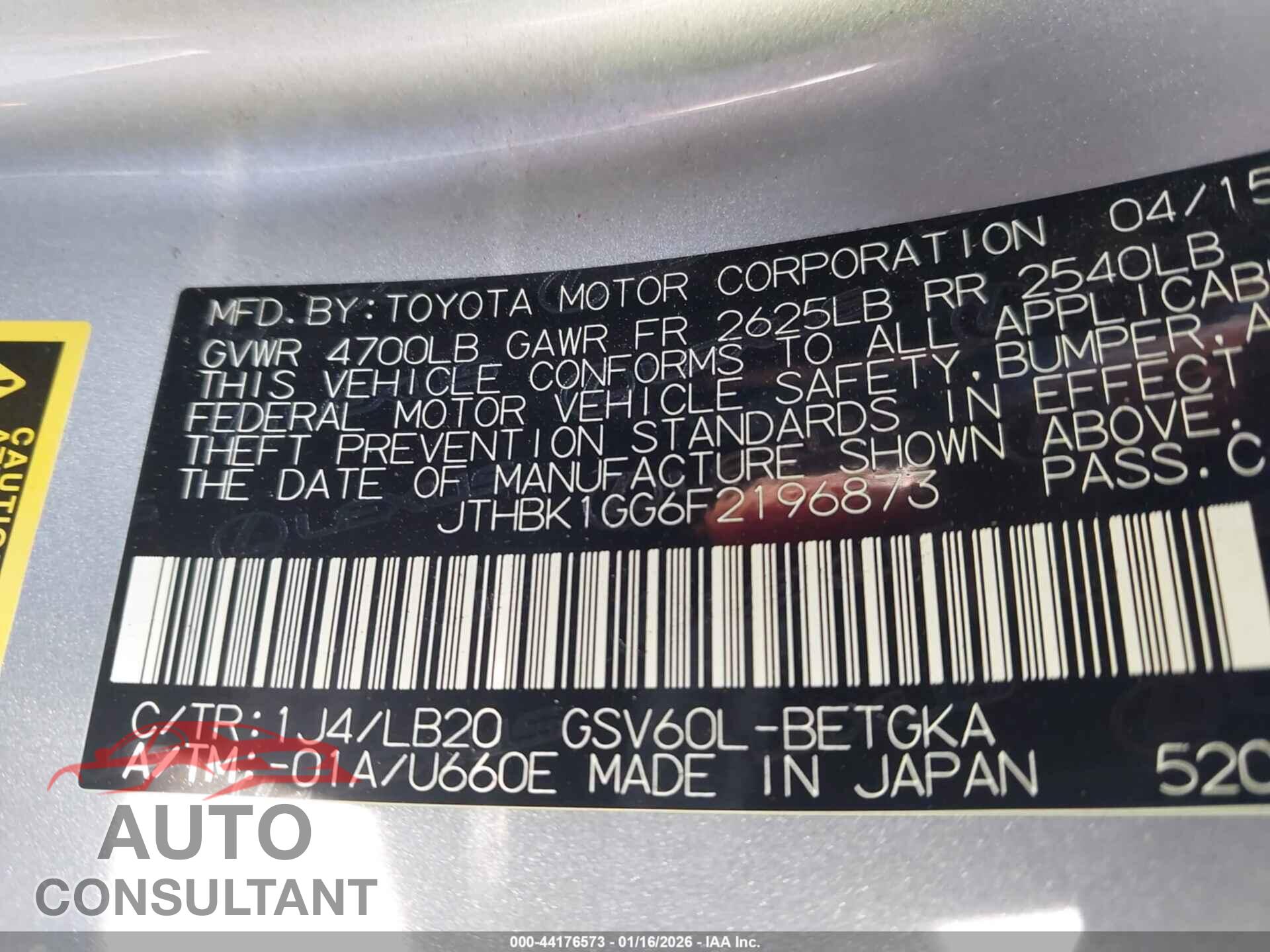 LEXUS ES 350 2015 - JTHBK1GG6F2196873