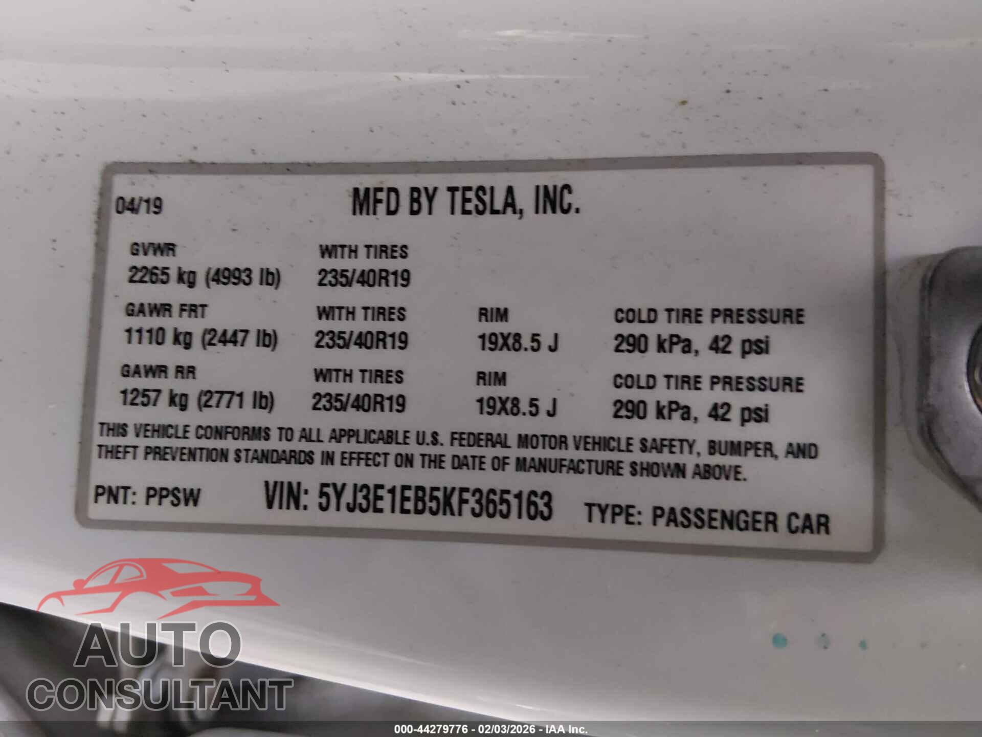TESLA MODEL 3 2019 - 5YJ3E1EB5KF365163