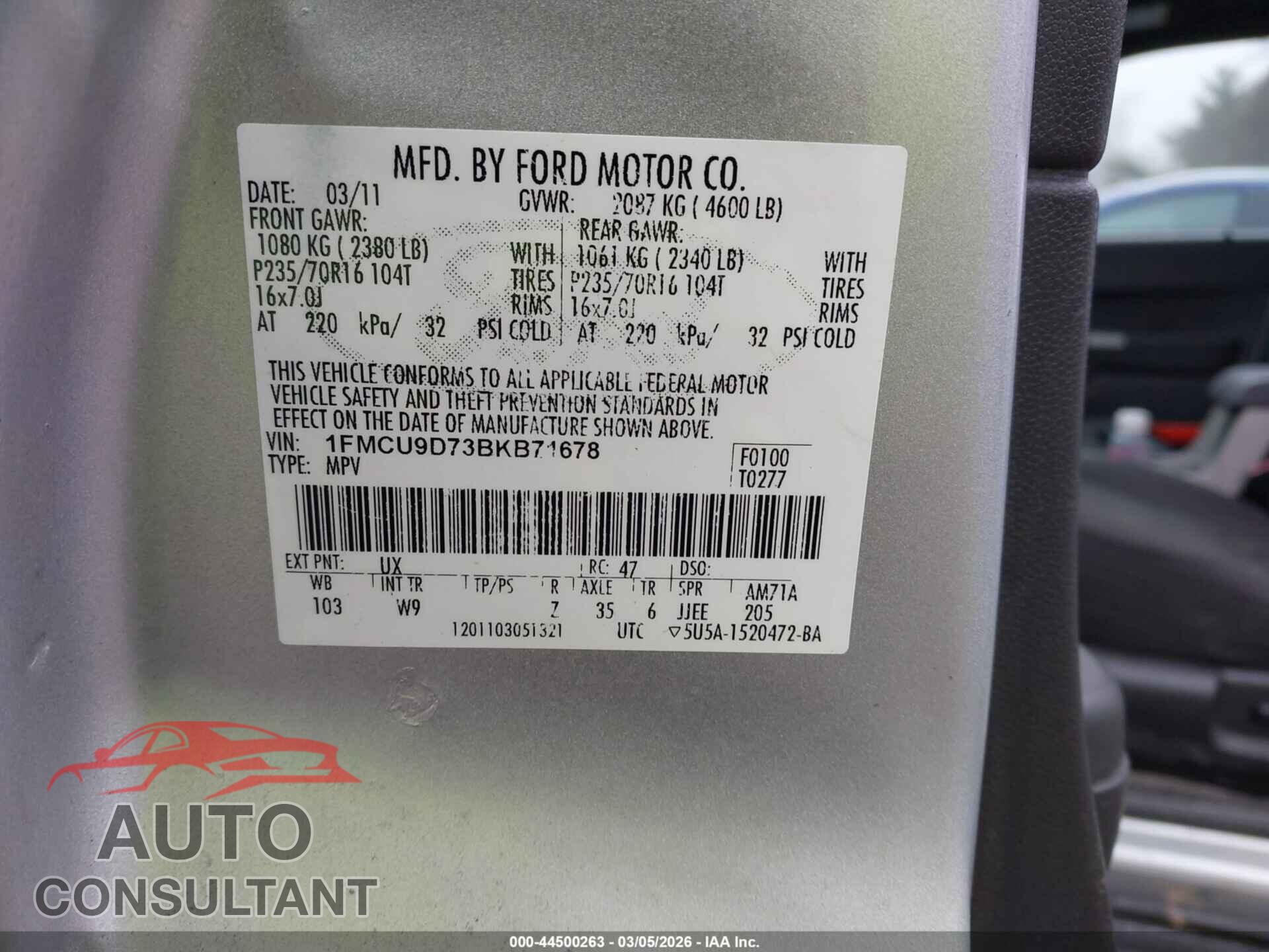 FORD ESCAPE 2011 - 1FMCU9D73BKB71678