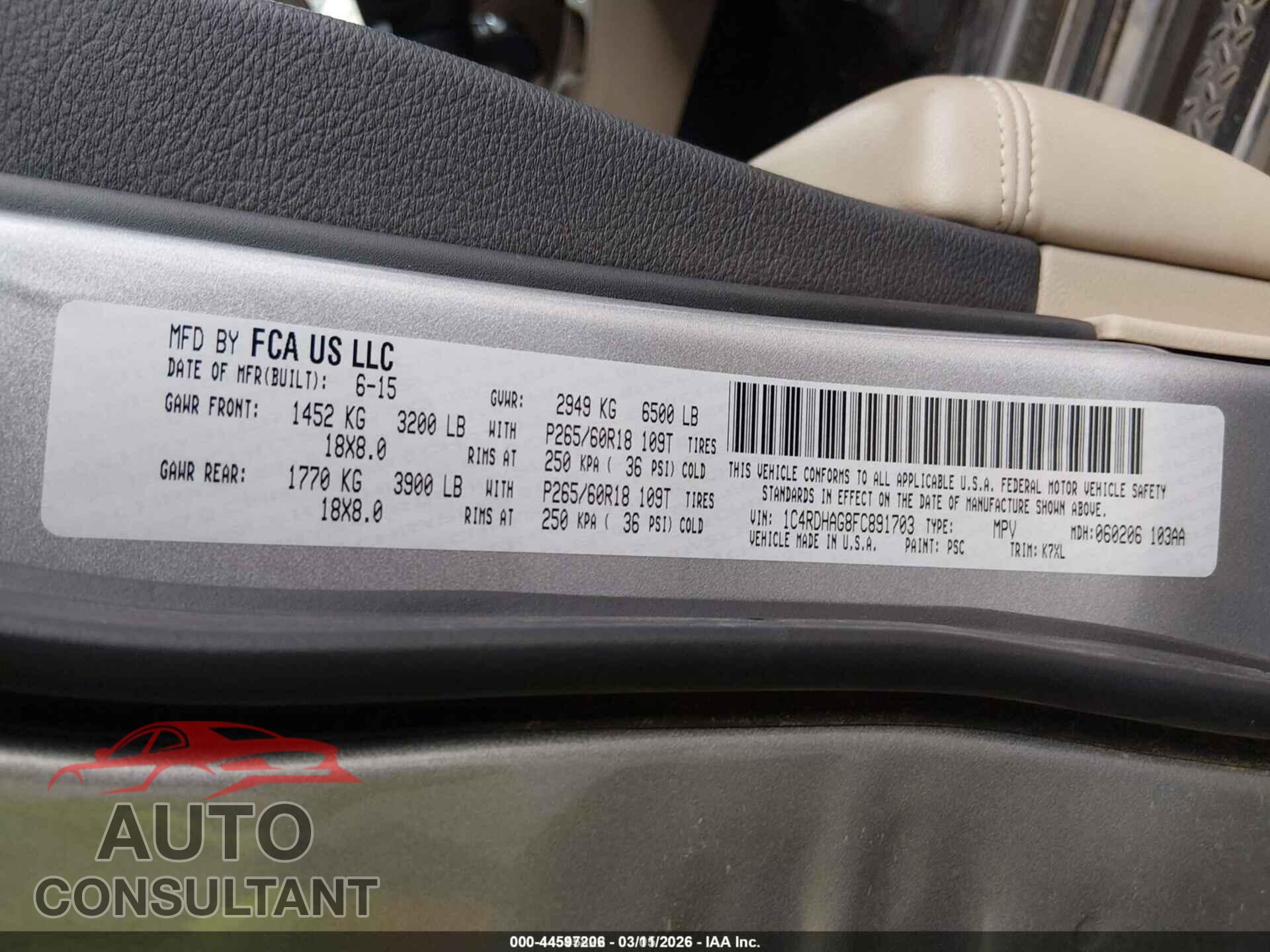 DODGE DURANGO 2015 - 1C4RDHAG8FC891703