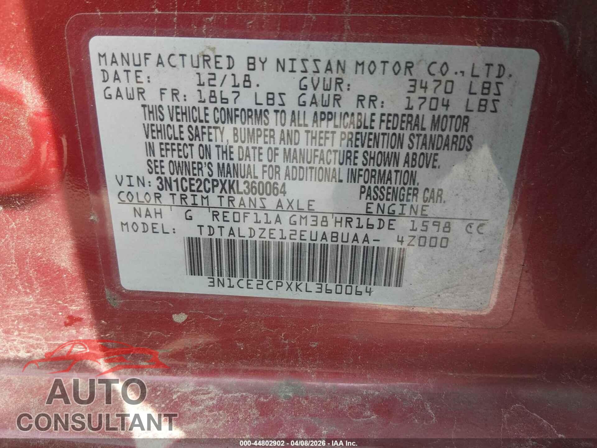NISSAN VERSA NOTE 2019 - 3N1CE2CPXKL360064