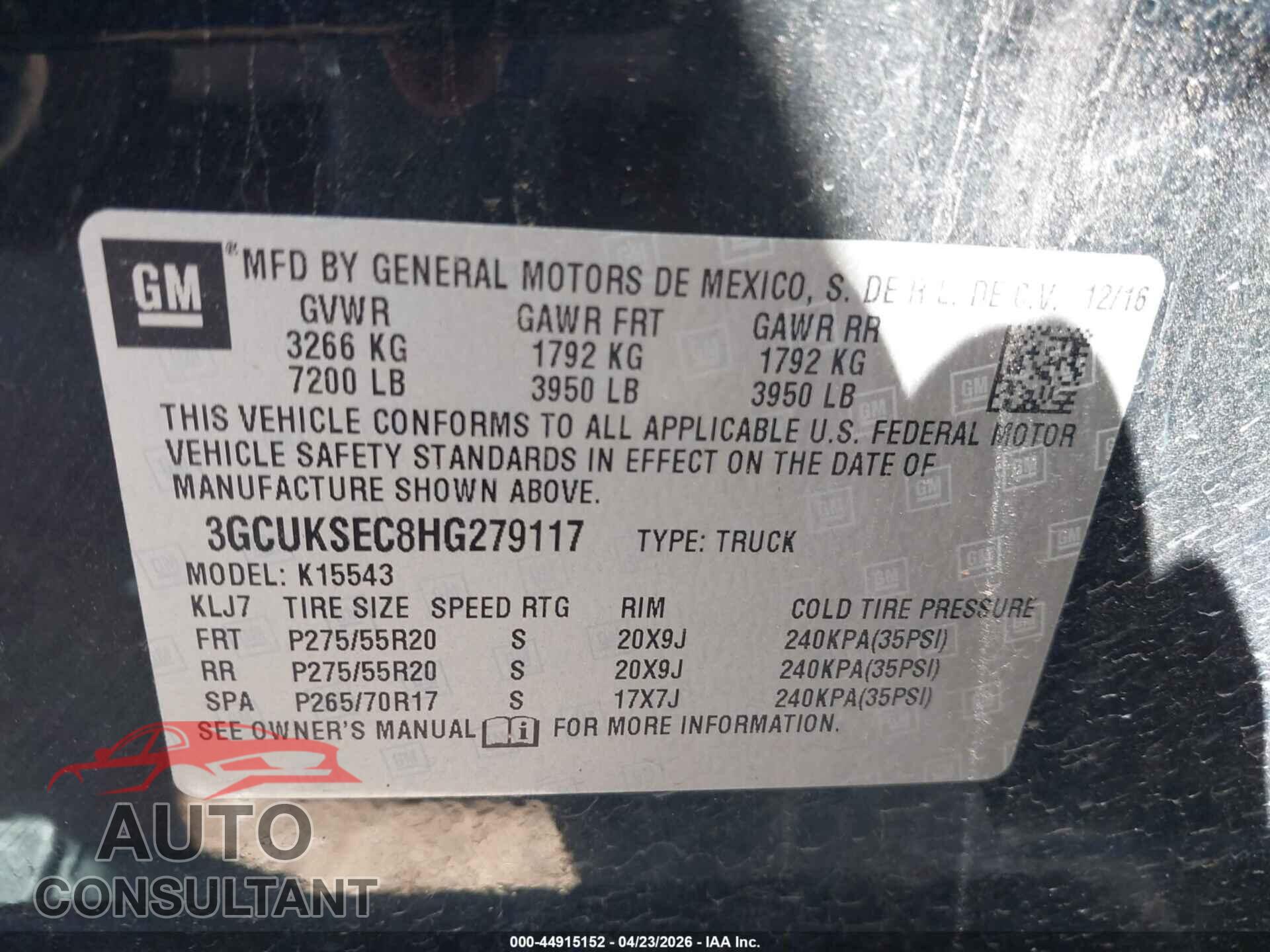 CHEVROLET SILVERADO 1500 2017 - 3GCUKSEC8HG279117