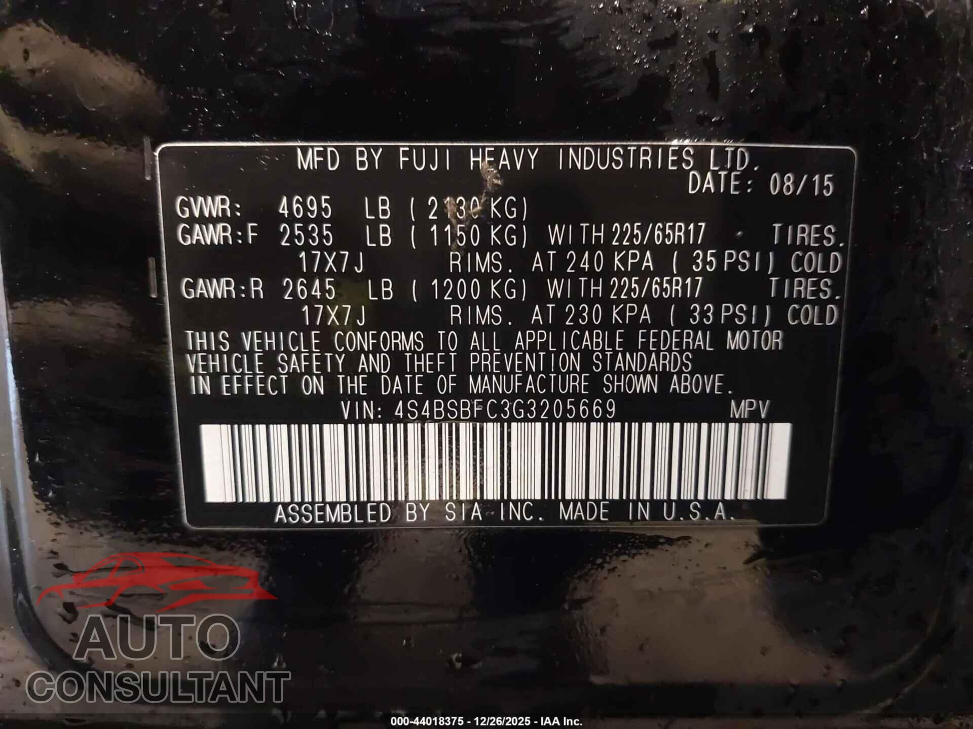 SUBARU OUTBACK 2016 - 4S4BSBFC3G3205669