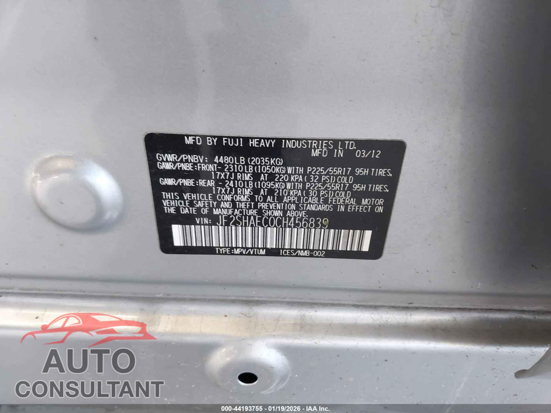SUBARU FORESTER 2012 - JF2SHAEC0CH456839