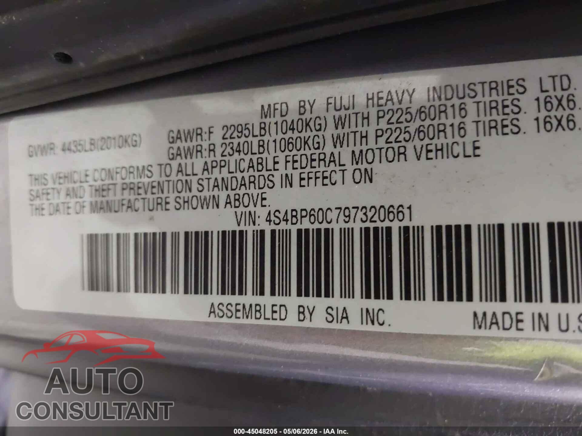 SUBARU OUTBACK 2009 - 4S4BP60C797320661